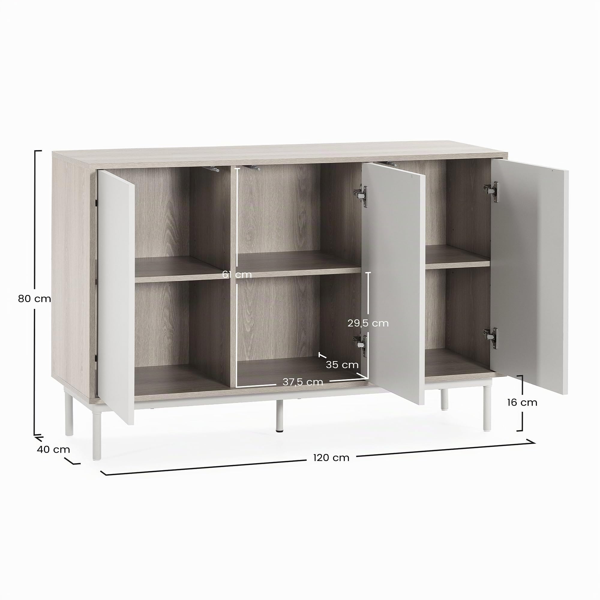 HOMN LIVING Aparador Cuzco 3 Puertas Color Roble/Gris, 120 cm (Ancho) 40 cm (Profundo) 80 cm (Altura)