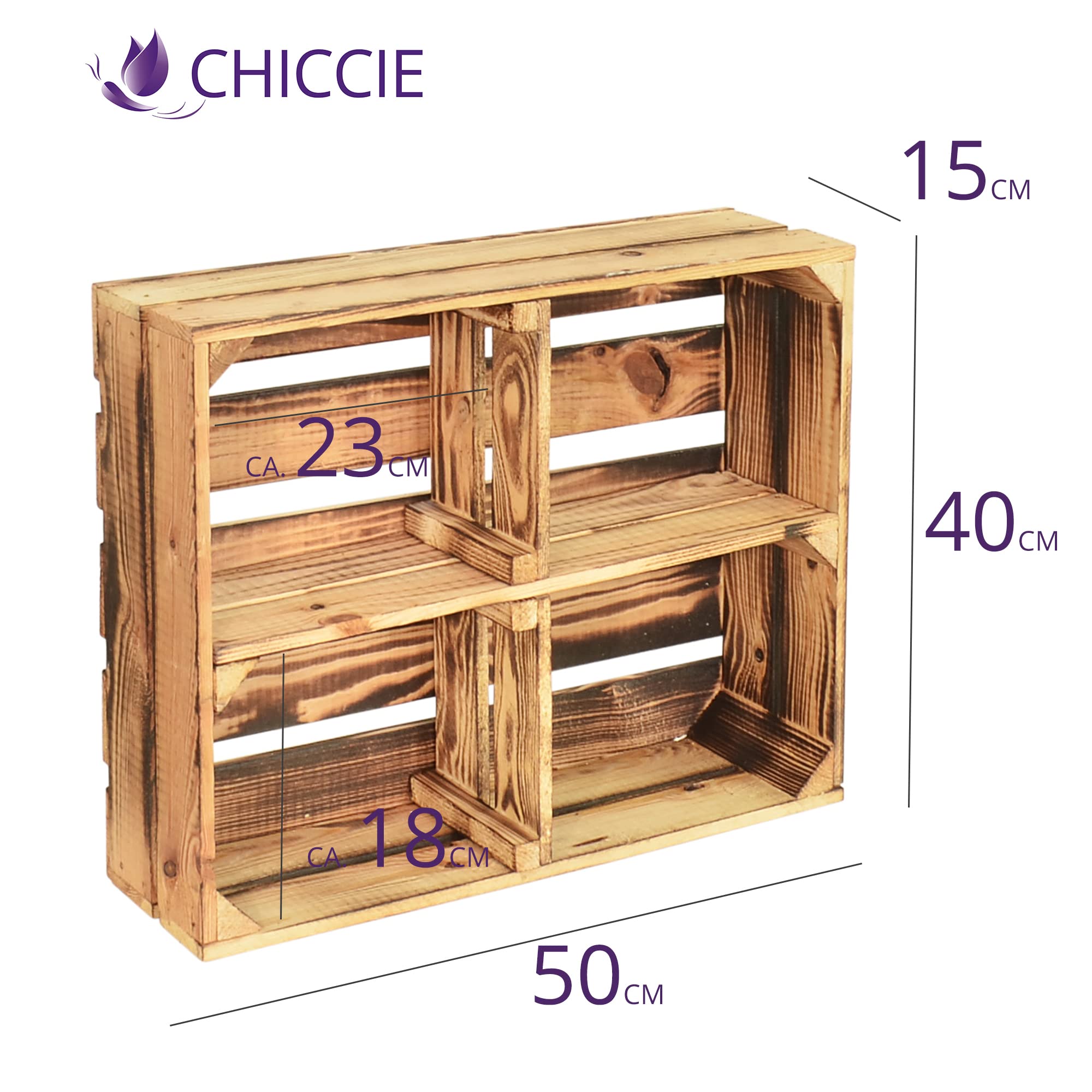 4 Set Holzregal Schmalhanz 50x40x15cm - Hell Geflammt + Regal Holzkiste