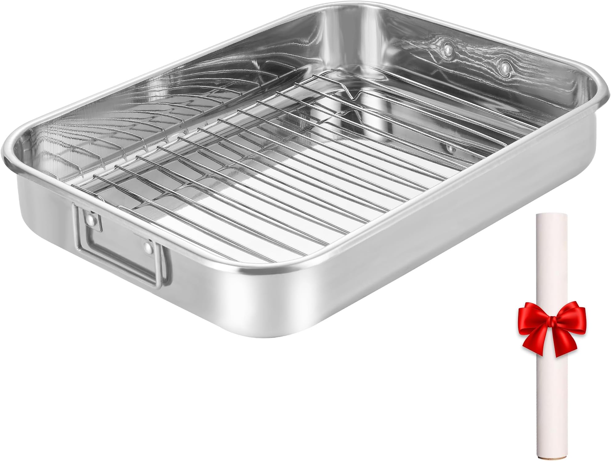 Stainless Steel Roasting Oven Pan: Roaster Pans With Rack & Handles 16.5 * 12.4 * 3 inches - Kitchen Baking Appliances for Turkey Chicken Beef - Kitchen Cookware Gifts for Women Homeowner