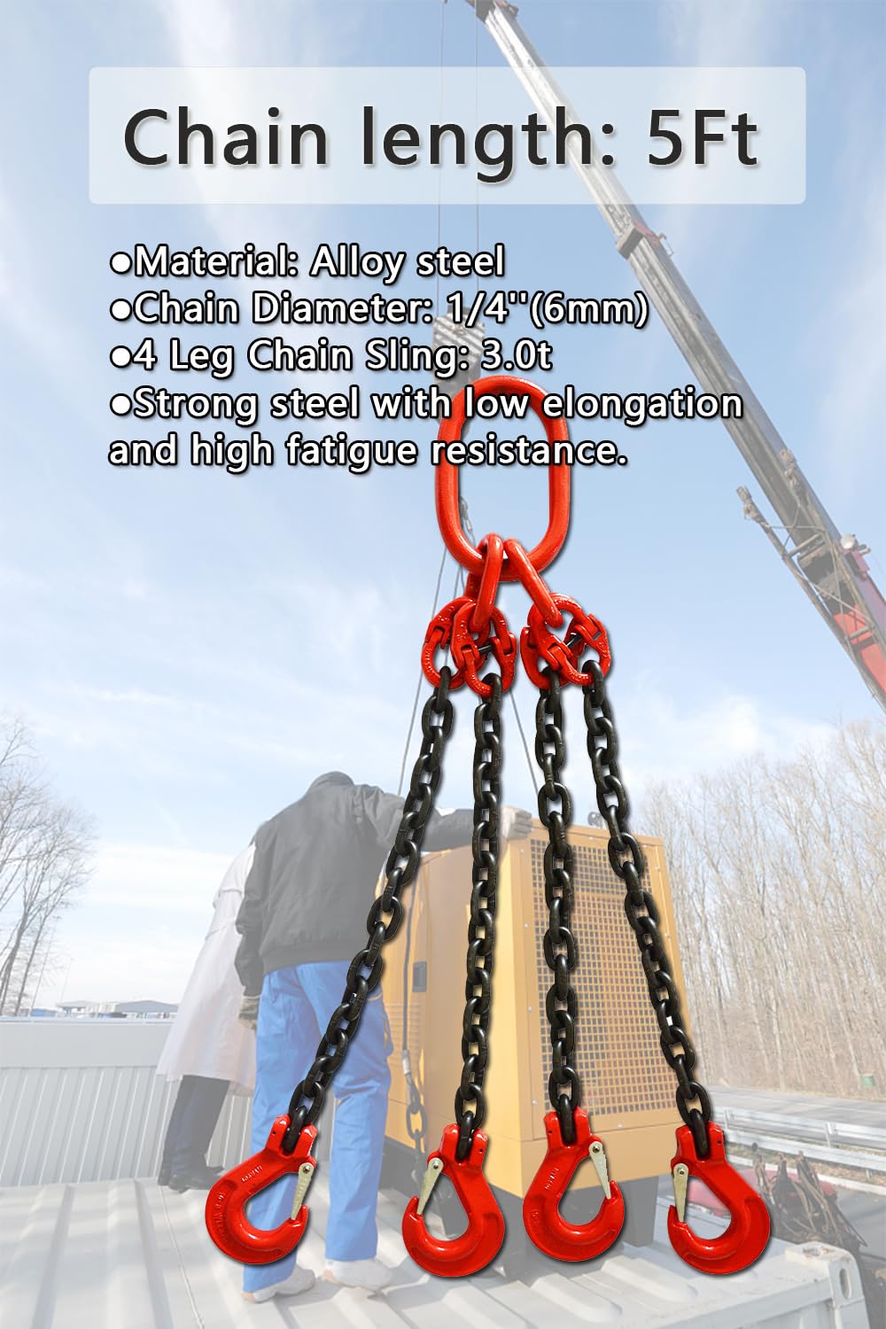 Cinghia a catena da 6,2 cm x 1,5 m, 3000 kg, 4 gambe con ganci e regolatori, grado 80 in lega di acciaio, sollevatori a catena del motore, 3 tonnellate