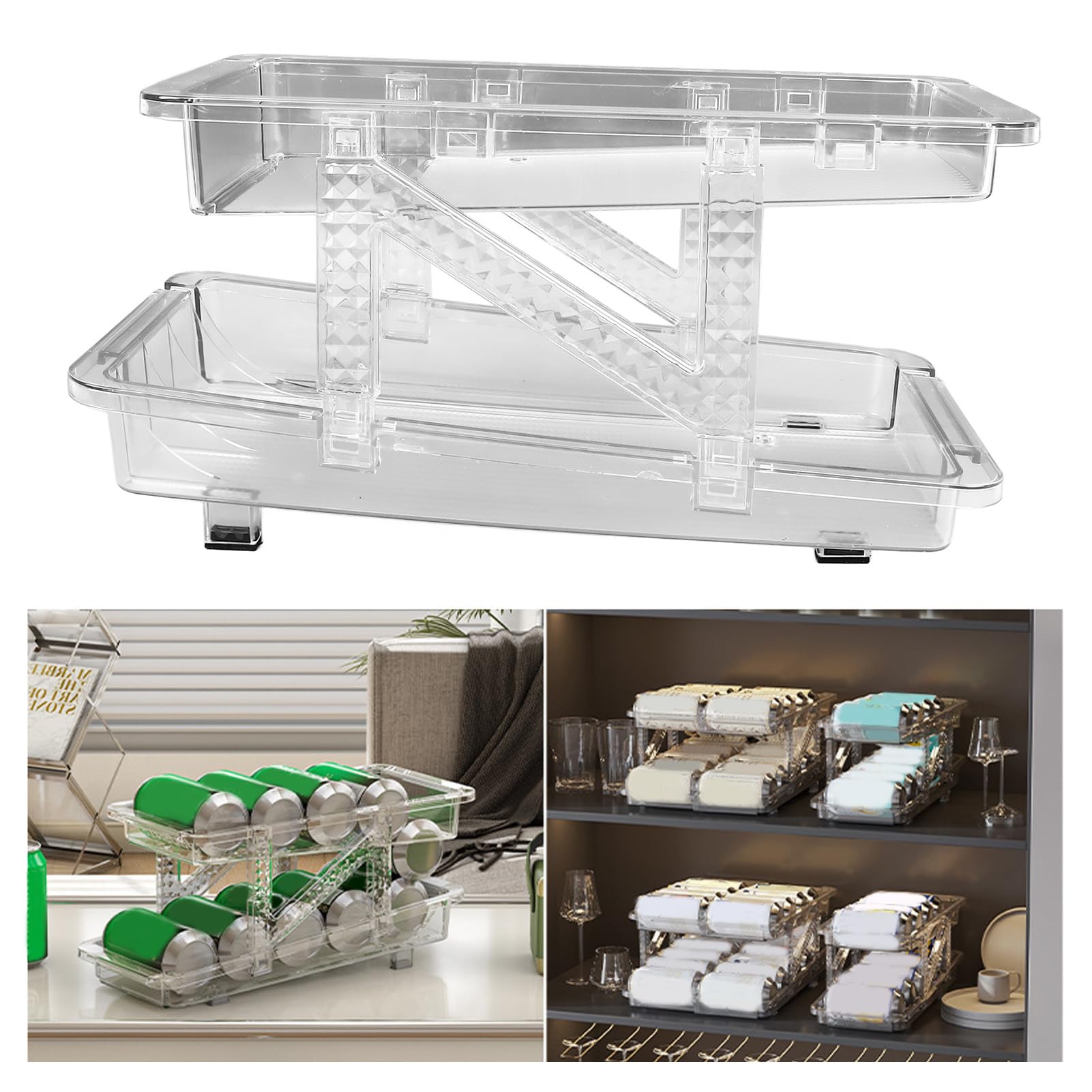 Soda Can Dispenser Adjustable Automatic Rolling Transparent Beverage Holder Drink Organizer for Refrigerator Pantry Cabinet Countertop Plastic 2PCS