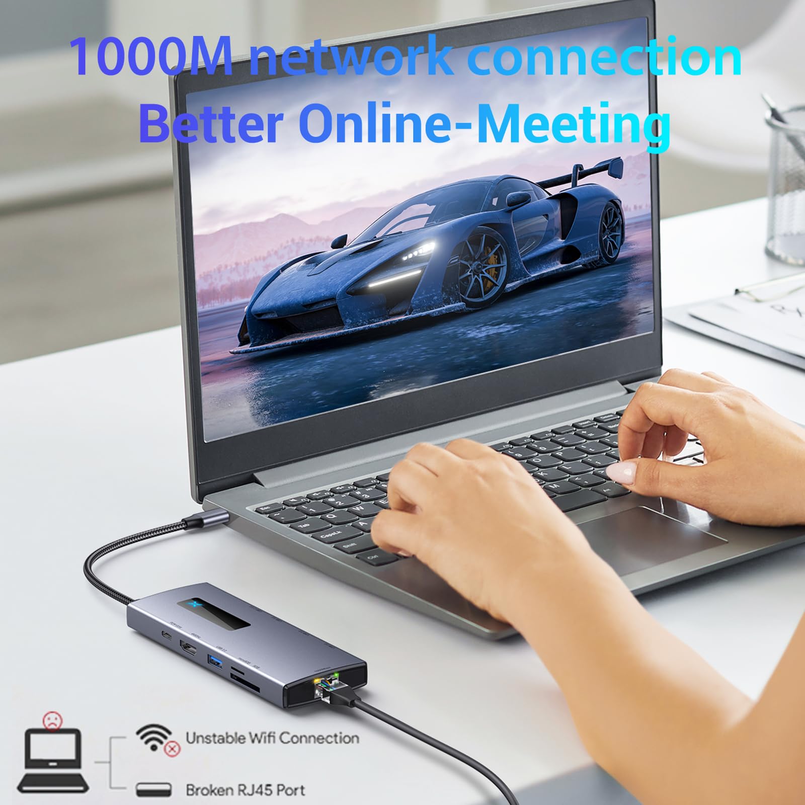 USB-C-Hubs, 10-in-1, Typ C auf 4K @ 60HZ-kompatibler Adapter mit RJ45 SDTF-Kartenleser, PD100W, schnelles Aufladen für Laptop