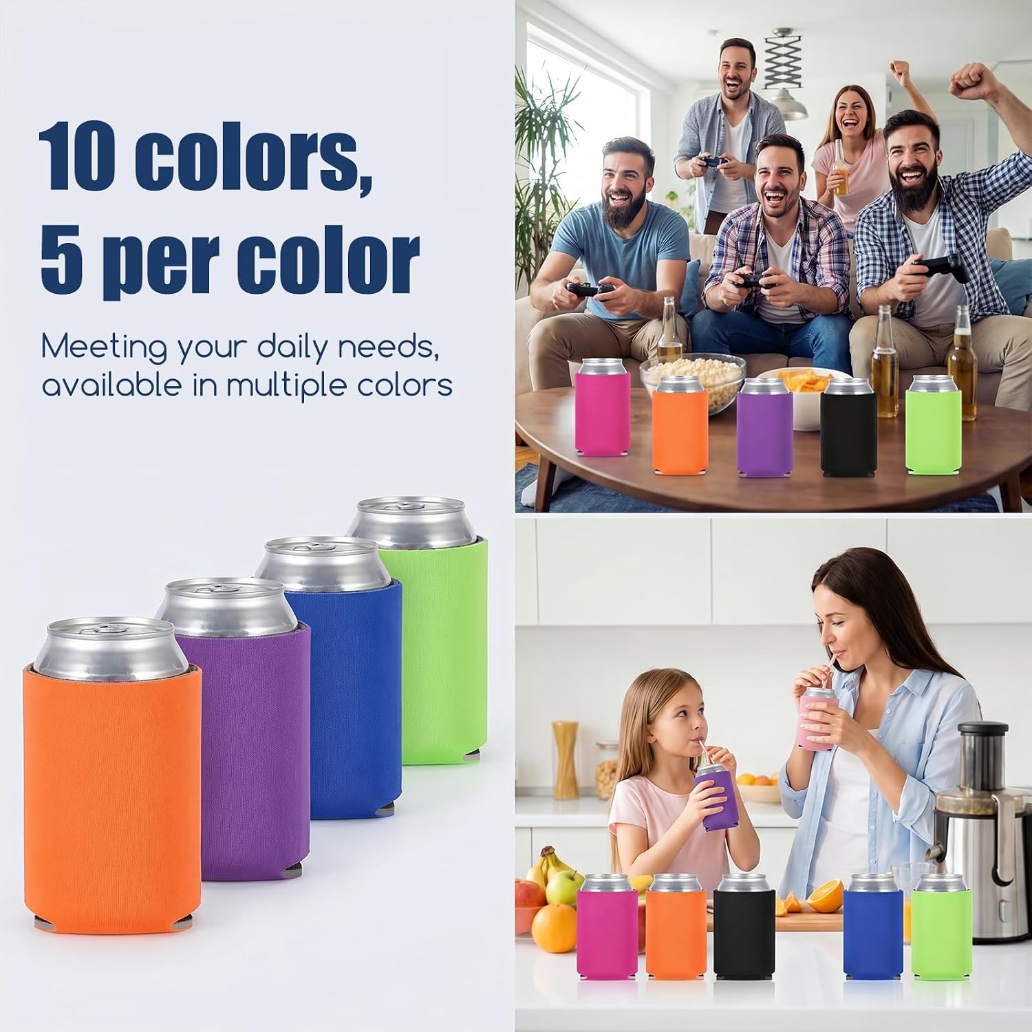 50 Pcs Blank Can Cooler Sleeves Bulk, 10 Colors Soft Sublimation Insulated Beer Can Covers Reusable Drink Coolers for Party, Birthday, Wedding Supplies