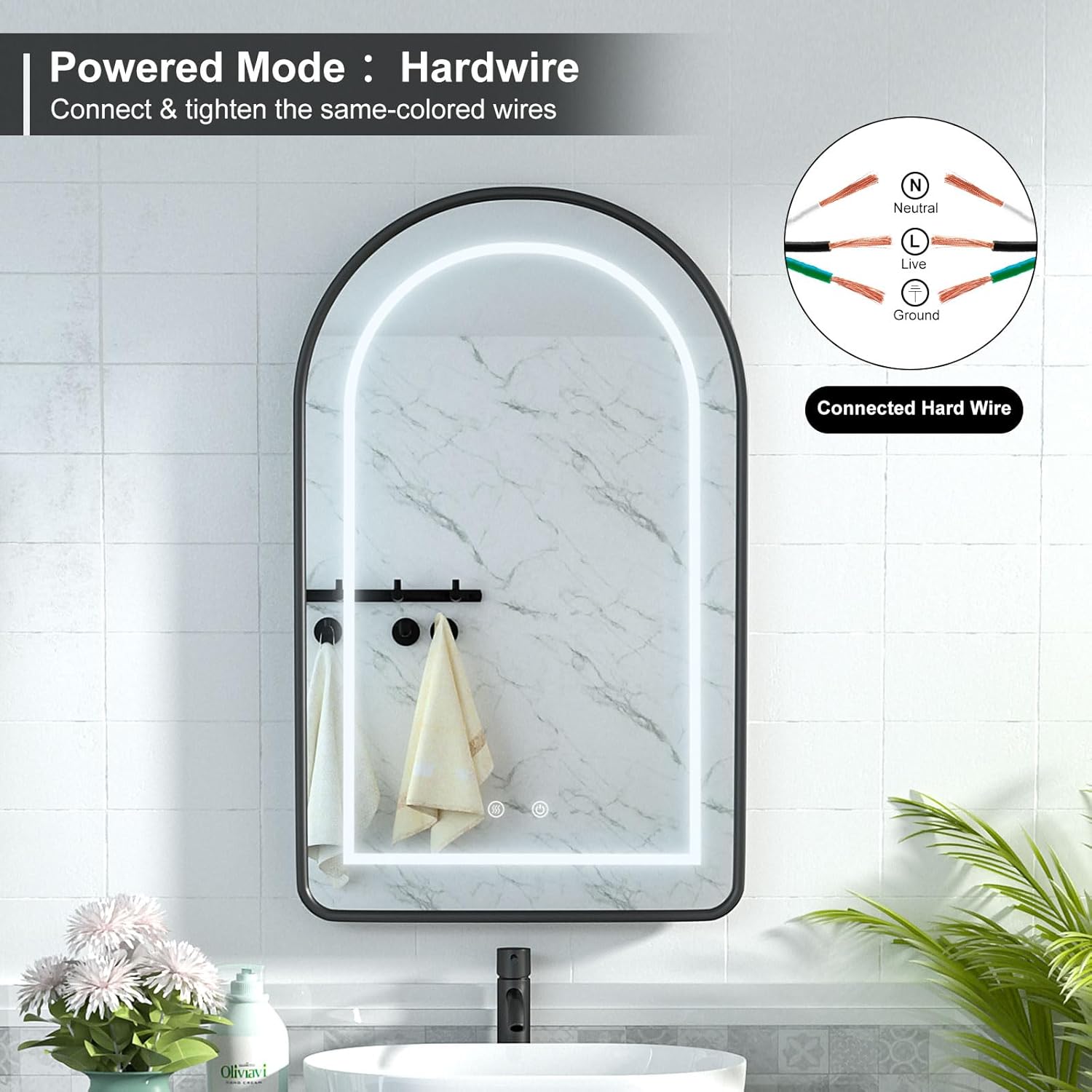 Diagram showing how to hardwire the medicine cabinet, with wires labeled Neutral, Live, and Ground.