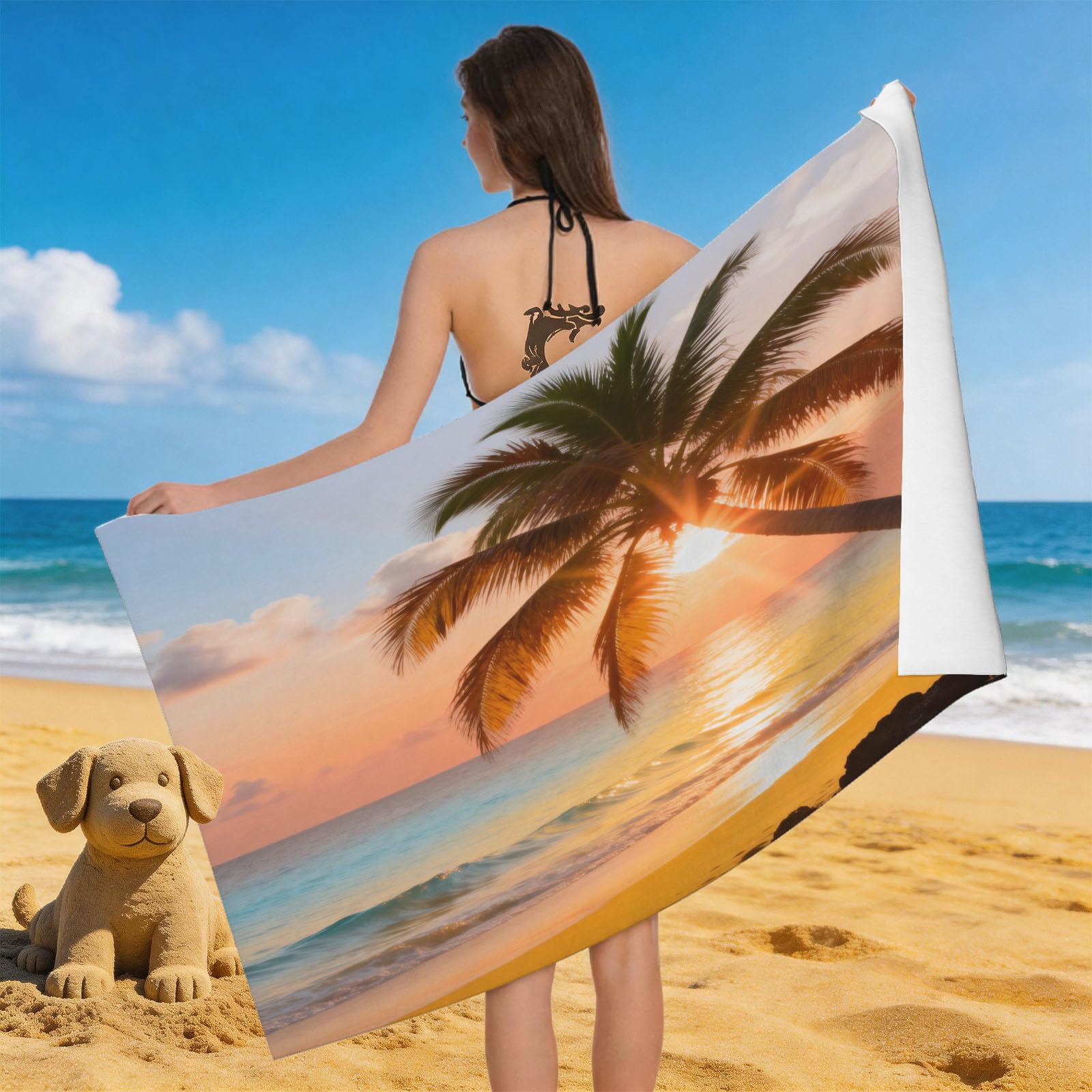 Leichong 3D Seaside Sunset Beach Towel Microfiber Soft Quick Dry for Adults, Sandy Beach Bath Towel Lightweight Soft Absorbent for Travel Swimming Pool Sports, 75 x 150 cm