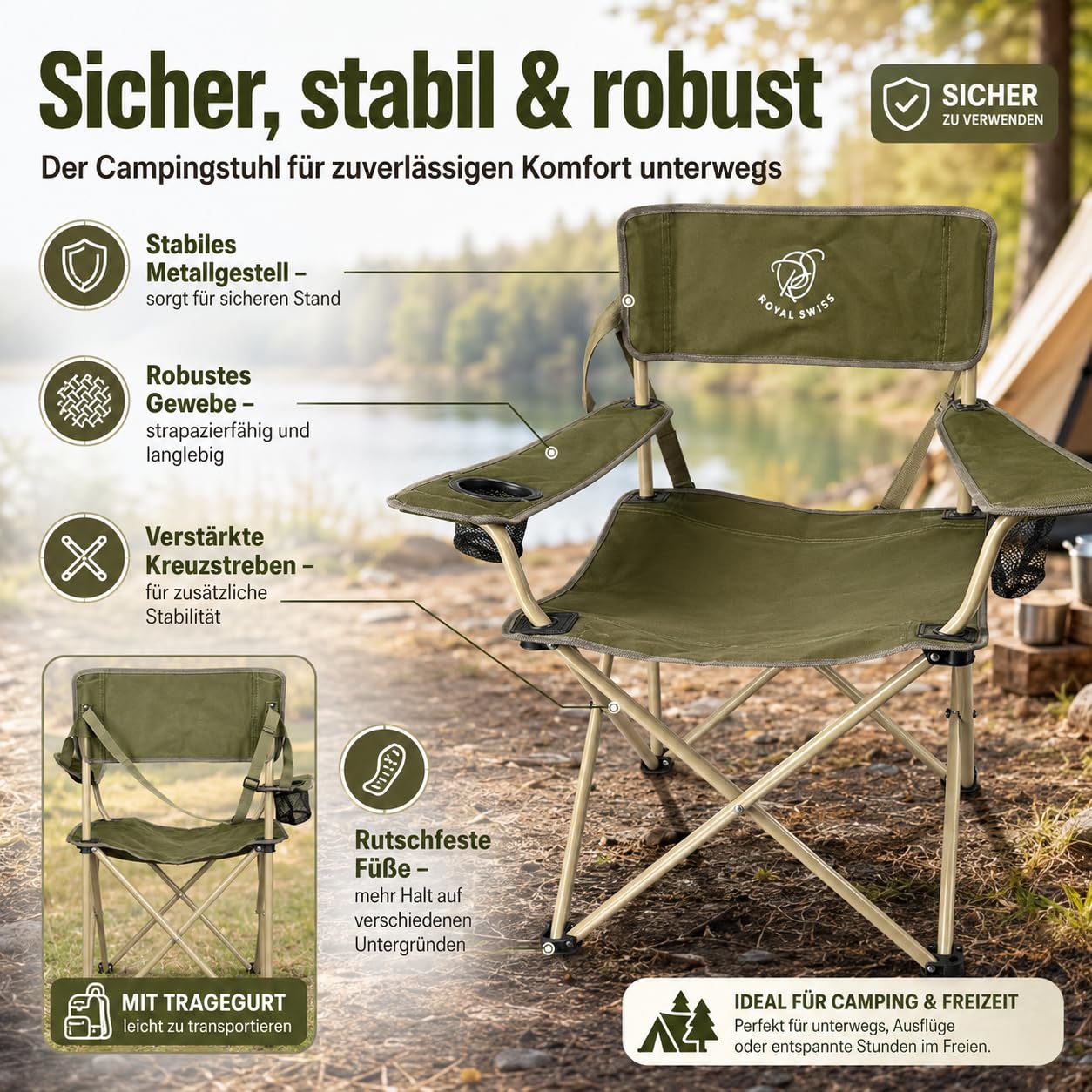 ROYAL SWISS 6 Stück Campingstuhl klappbar mit Getränkehalter & Tragetasche – Leichter Faltstuhl für Erwachsene, Camping, Angeln, Festival, Picknick, Strand und Sportevents
