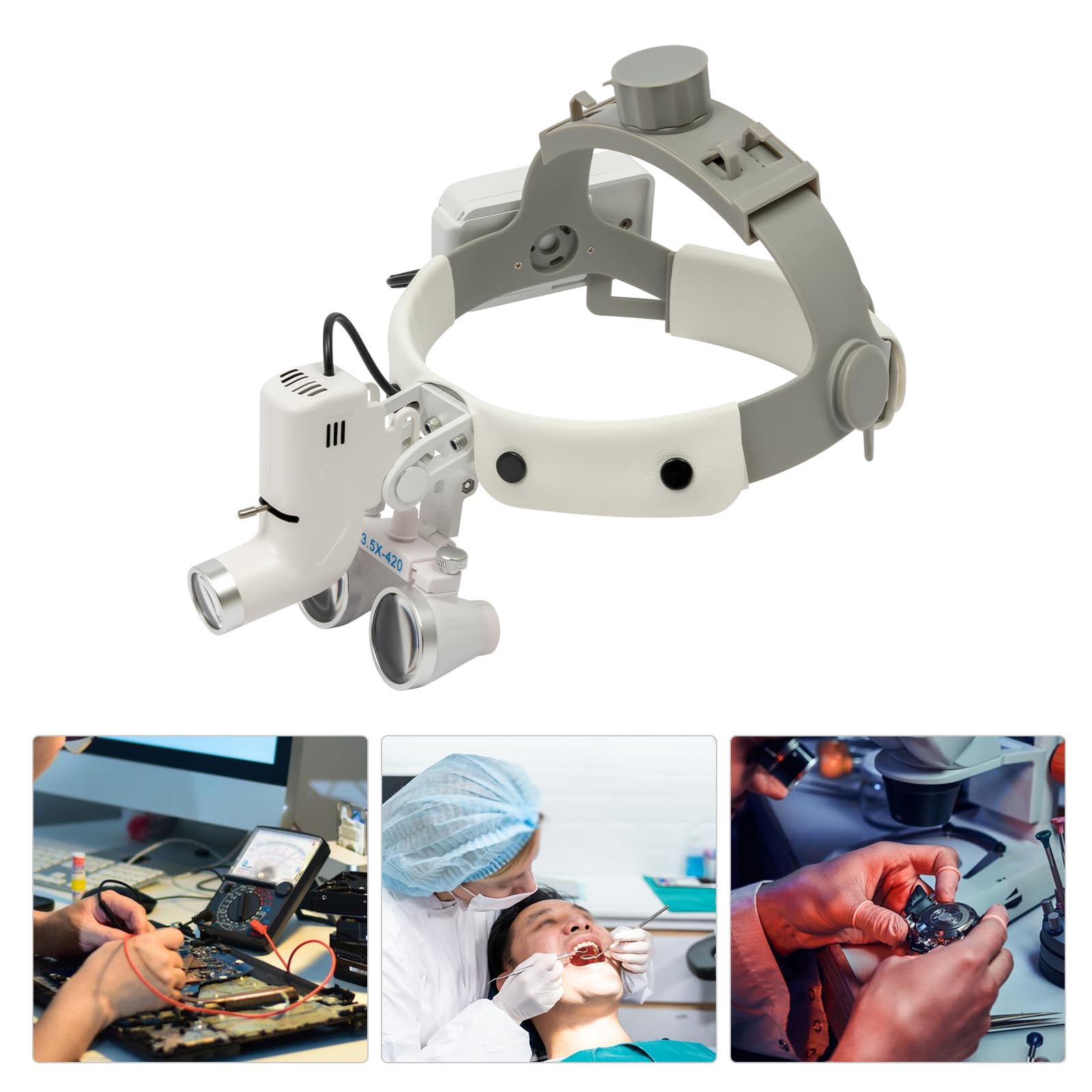 Lente d'ingrandimento medica binoculare, ingrandimento 3,5x, 65000 lux, LED, dimmerabile, bianco, ABS e vetro, per odontoiatria e chirurgia