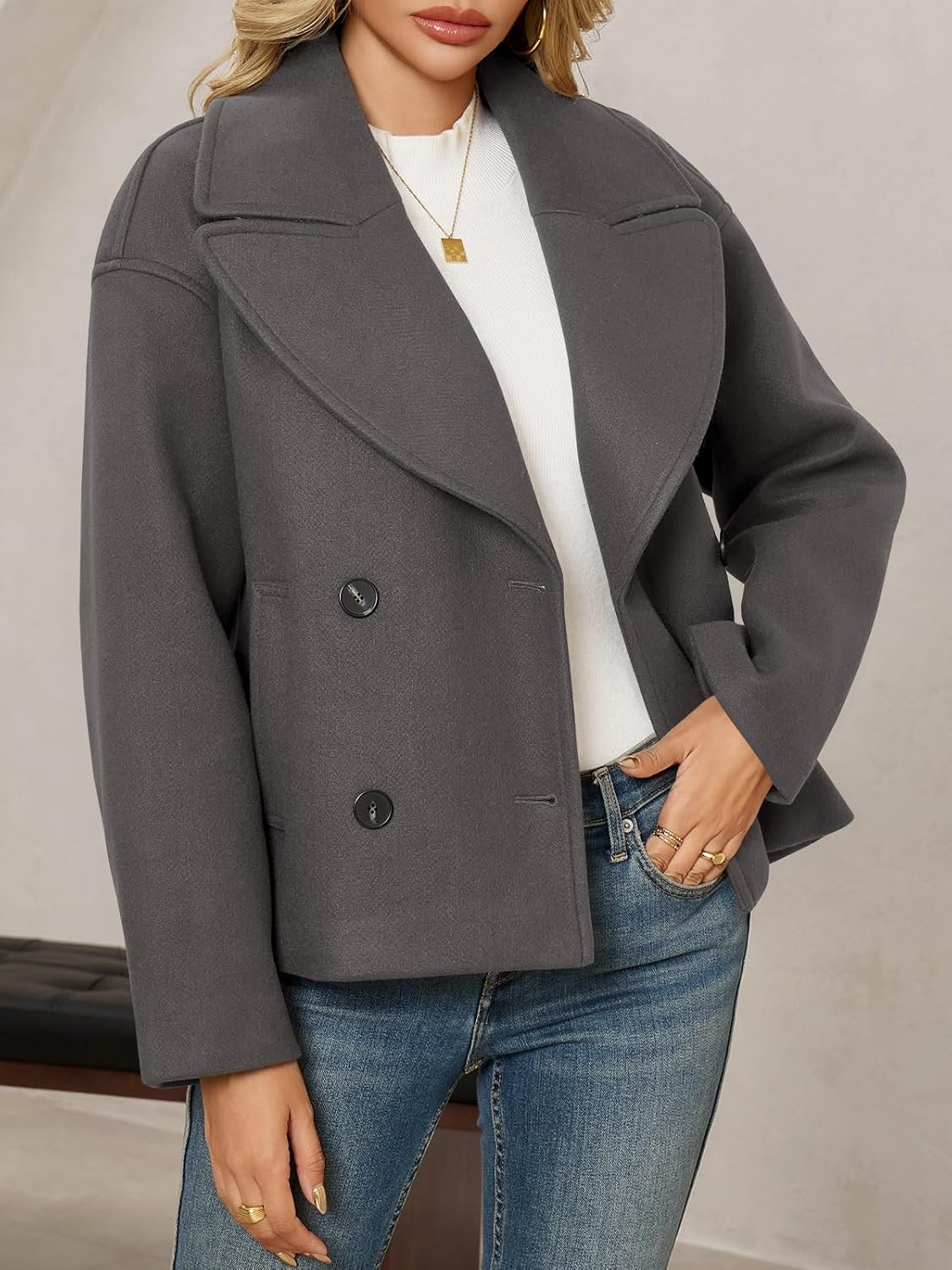 Tankaneo Womens Cropped Wool Blend Pea Coat Casual Long Sleeve Double Breasted Notched Lapel Overcoat Jackets - Image 4