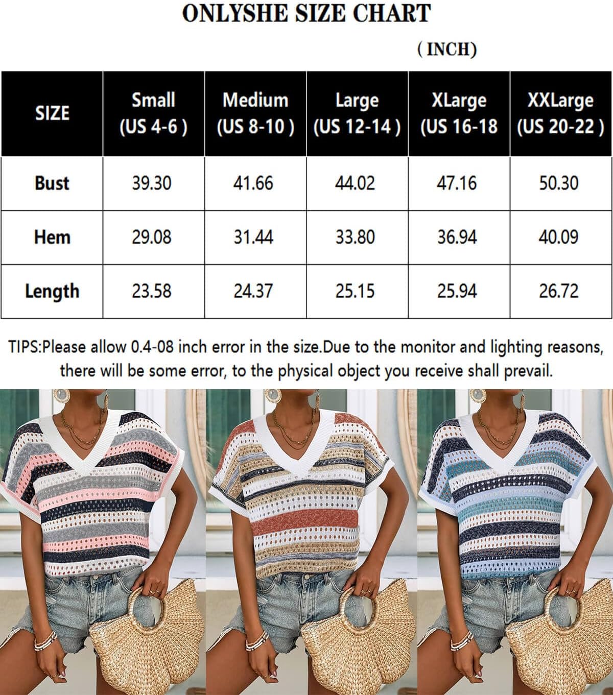 ONLYSHE Womens Summer Short Sleeve Shirts V Neck Crochet Knit Sweater Hollow Out Striped Tops Vacation Cover Ups Outfits - Image 6