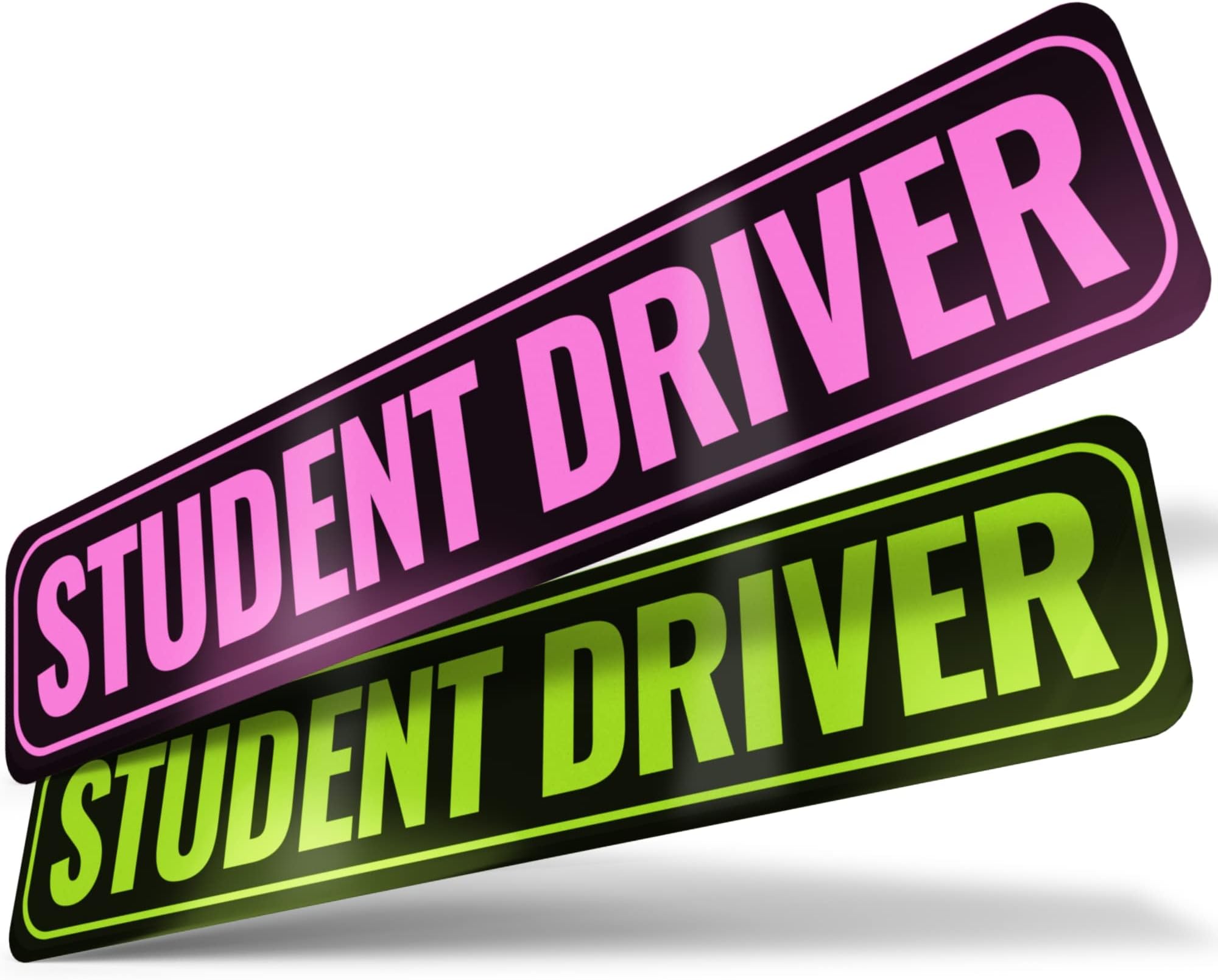 Student Driver Magnet | Removable & Reflective New Driver Sticker Decal for Car | Extra-Long Strong Adhesive Magnet w/ Bold Visible Letters (2-Pack) (Pink & Green)