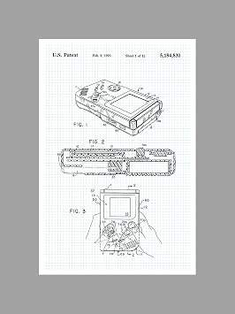 Artsy Canvas Gameboy - Graphite on Blue Graph - Toy Patents - 24x16 Matte Poster Print Wall Art