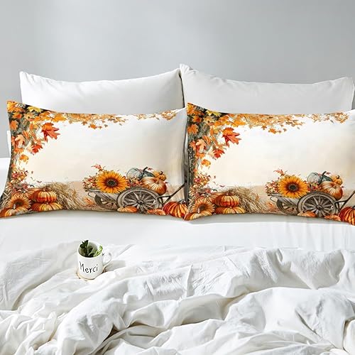 Miniatura 4 de Manfei Juego de funda de edredón de árbol de arce otoñal, tamaño matrimonial, funda de edredón de hojas de girasol de calabaza con 2 fundas de