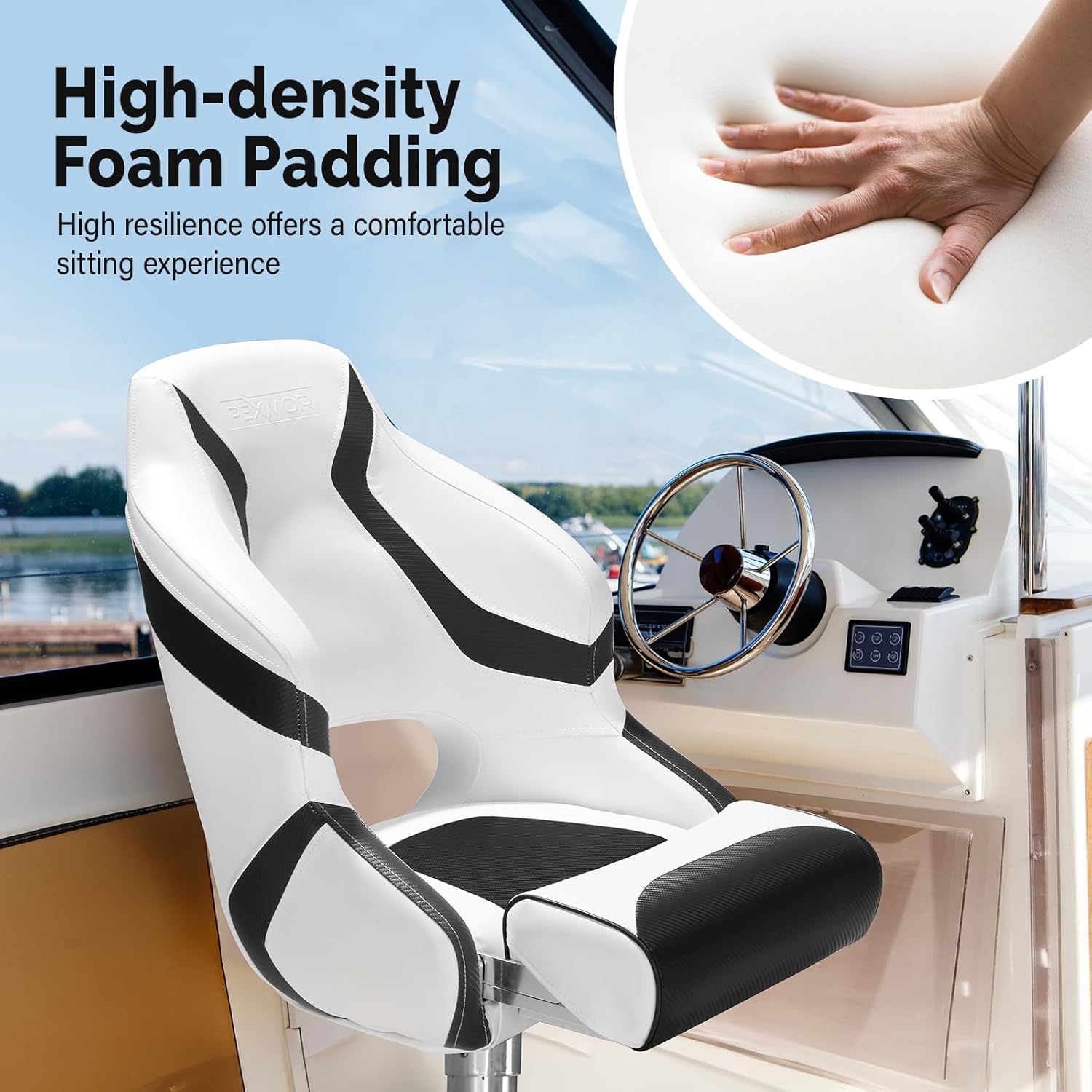 PEXMOR Premium Sport Flip Up Boat Seat Captain Bucket Seat with Boat Seat Cover, Waterproof Boat Captain Chair Aluminum Hinges Stainless Steel Screws Included Captain