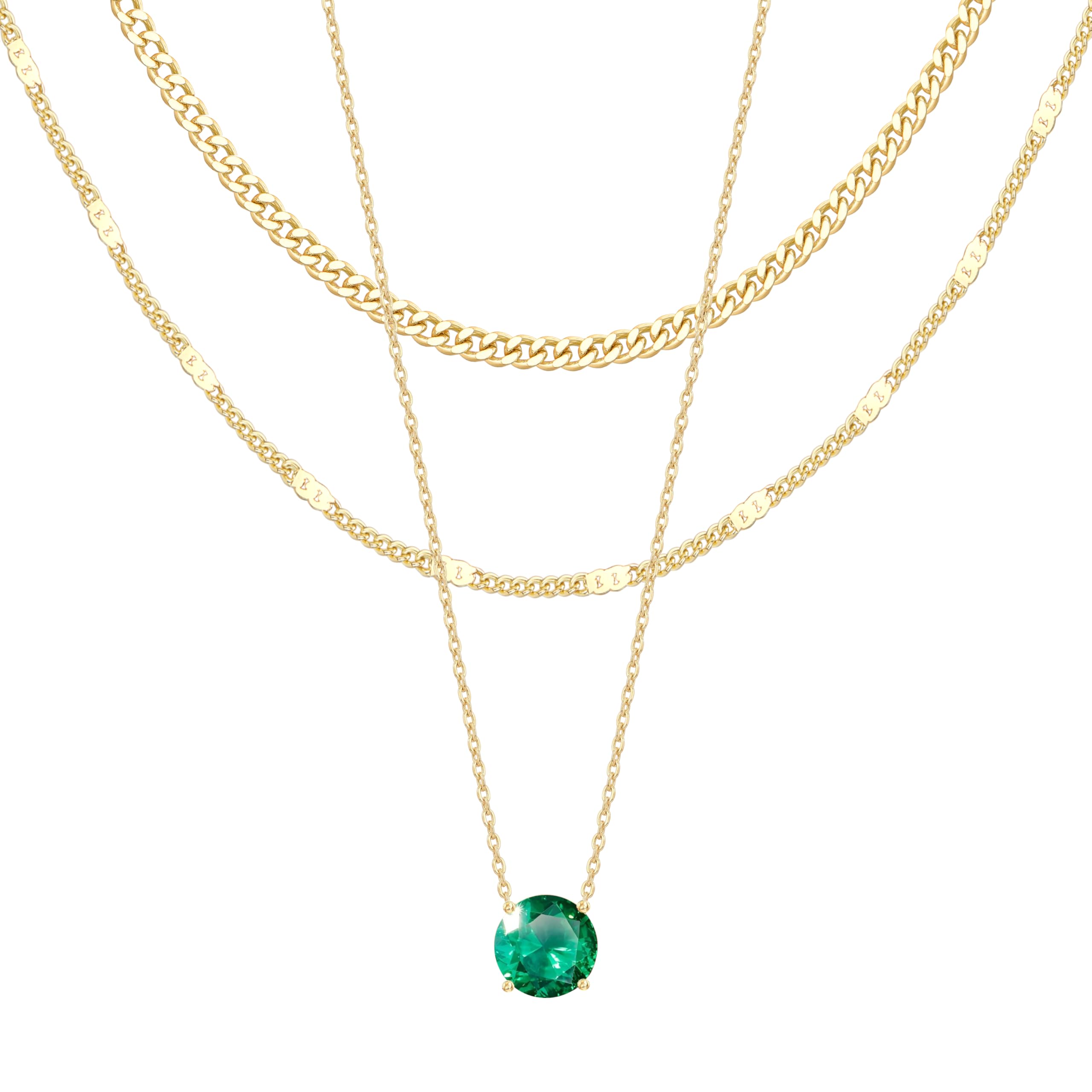 WomenGifts Layered Gold Necklaces for Women, 14K Gold Sterling Silver Plated Dainty Pendant Necklace Set with Cubic Zirconia Circle, Chunky Stackable Cuban Chain Choker, Trendy Personalized Birthstone Jewelry Gift Non Tarnish