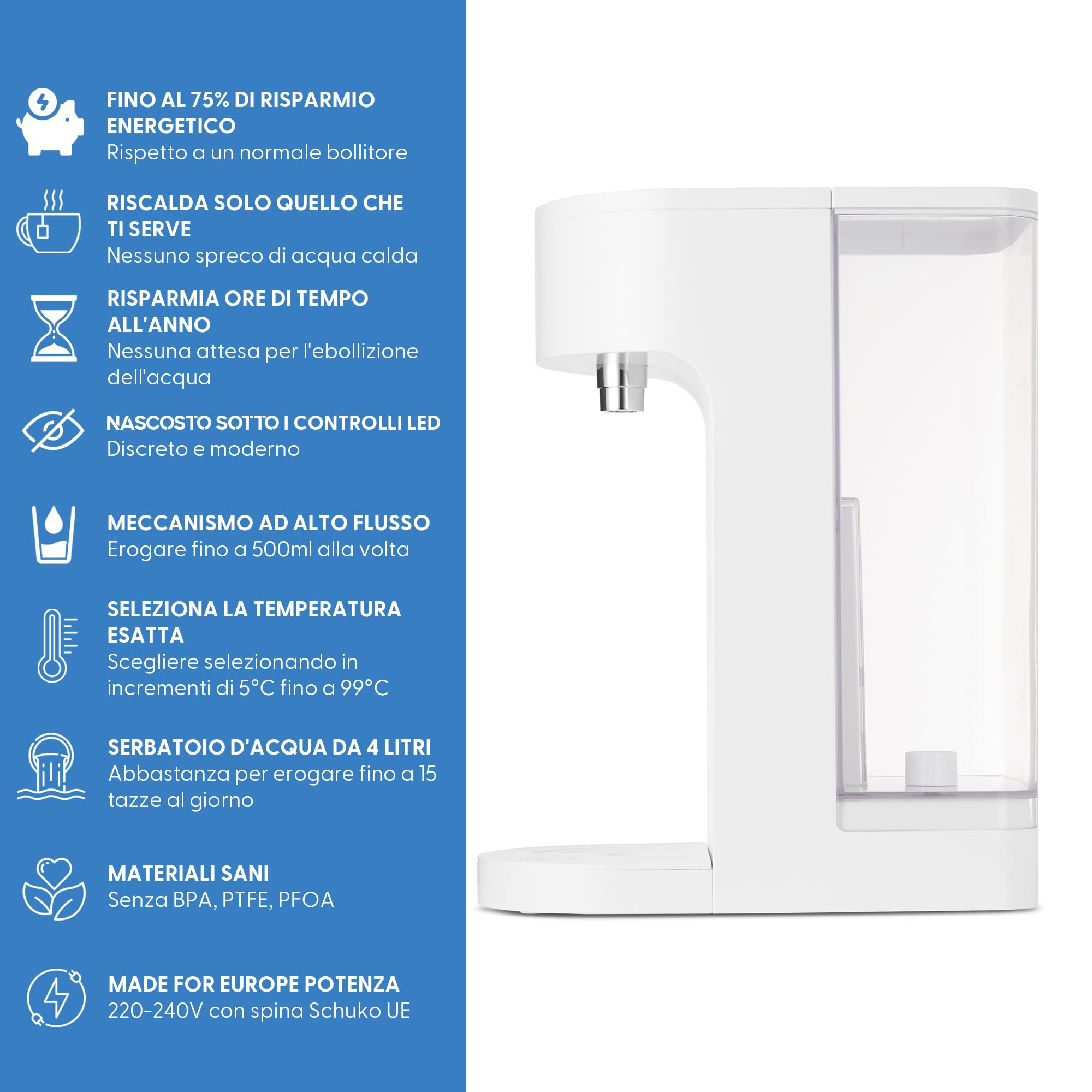 Yum Asia Oyu Dispenser digitale istantaneo di acqua calda con display touch LED "Hidden Under" bianco, capacità 4 litri, Ecoboil, tecnologia InstaHEAT, 220-240V, alimentazione EU