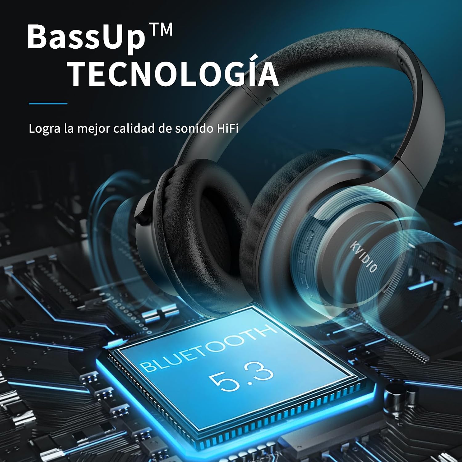 KVIDIO Auriculares Supraaurales Inalámbricos, 65 Horas de Reproducción Auriculares Bluetooth, Cascos Ligeros Plegables con Micrófono, Graves Profundos (Negro) 4