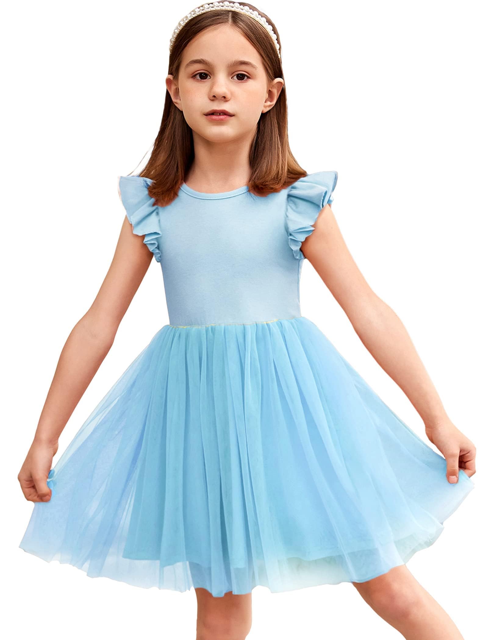 Arshiner Vestidos para Niña Vestido de Tul Mangas Voladoras Vestido de Princesa Vestido Festivo Tutú Vestido Infantil Vestido de Fiesta de Algodón Vestido de Cumpleaños Boda Verano 2-7 años