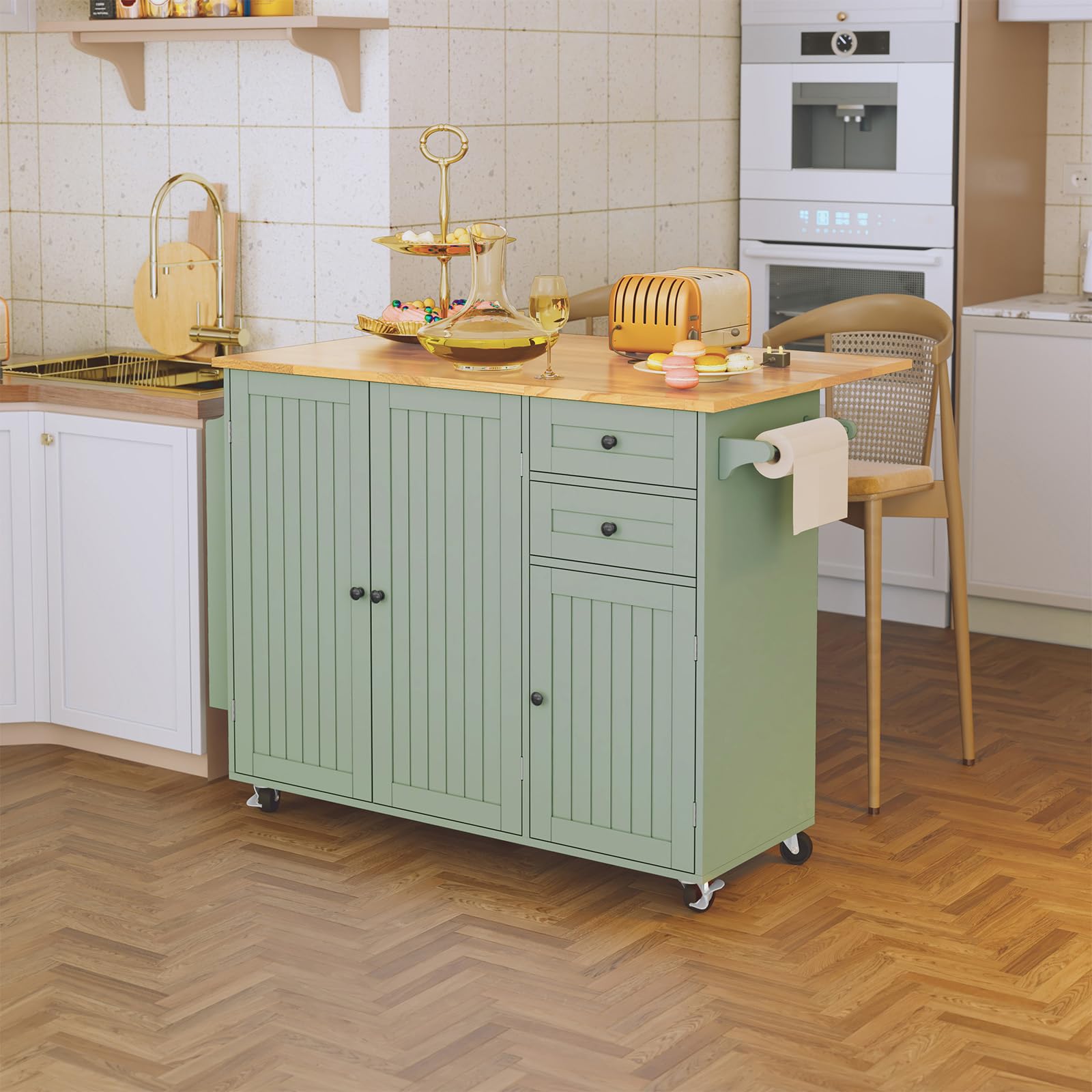 HOLTICO Îlot Central de Cuisine Mobile avec Plan de Travail Pliable, Desserte de Cuisine à roulettes avec Rangement à Épices, 2 Tiroirs et Étagères Réglables, Meuble de Cuisine, 128x46x91 cm, Vert