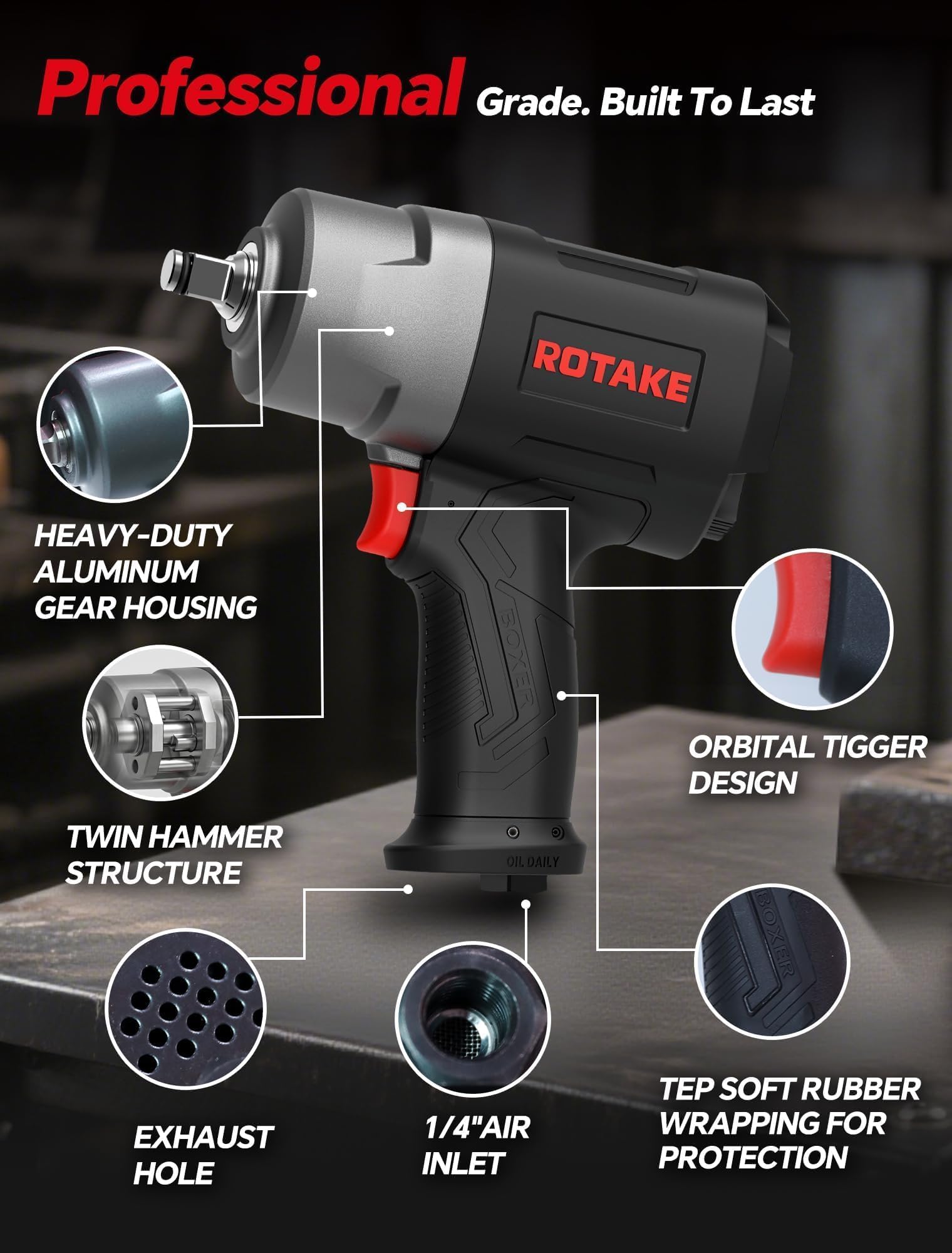 ROTAKE RT-5274 Chiave pneumatica da 1/2 pollici, pistola pneumatica a percussione da 1245 Ft-Lbs, strumento meccanico a doppio martello ad alta velocità da 8600 giri/min per riparazione auto e cambio