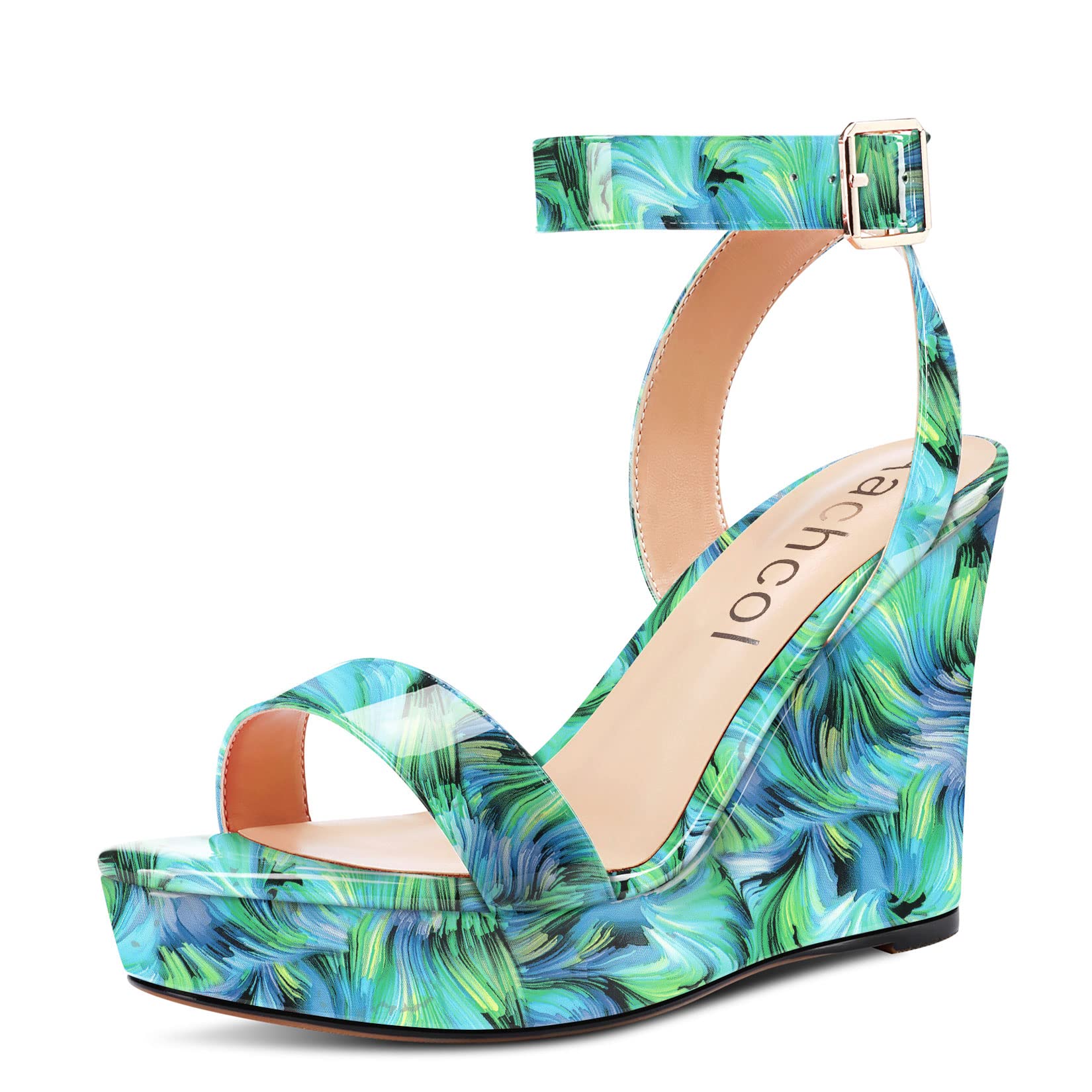Aachcol Women Platform Wedge Sandals Round Peep Open Toe Ankle Strap Slingback Two-Piece Chunky Block High Heel Dress Shoes Pumps Party Patent 4 Inch
