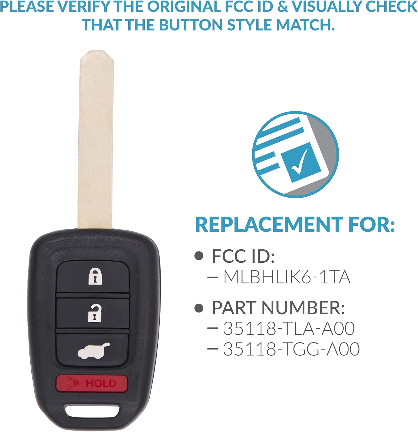 Keyless2Go Replacement for 4 Button Remote Head Key Honda MLBHLIK6-1TA 35118-TLA-A00