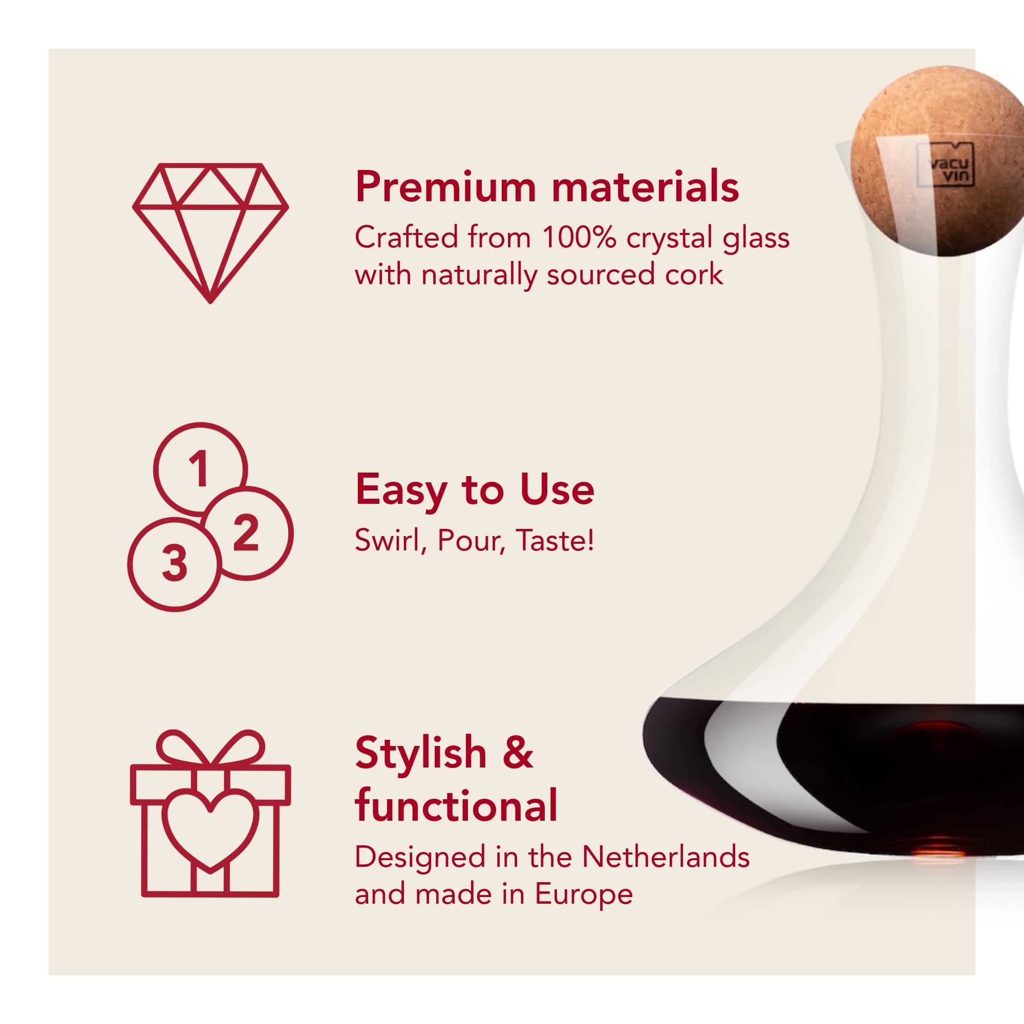 Vacu Vin Wine Decanter | Crystall Glass Carafe + Cork Stopper