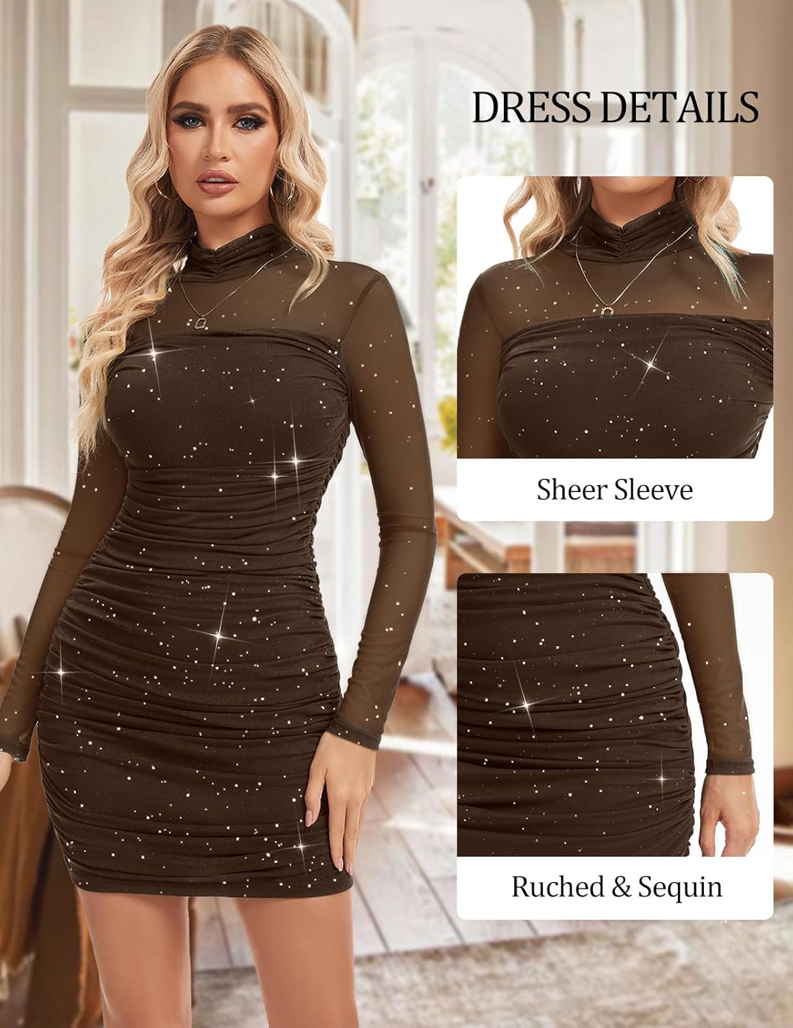 Meetjen Women's Ruched Bodycon Dress Sheer Mesh Long Sleeve Mock Turtleneck Sexy Sequin Mini Cocktail Club Party Dresses - Image 5
