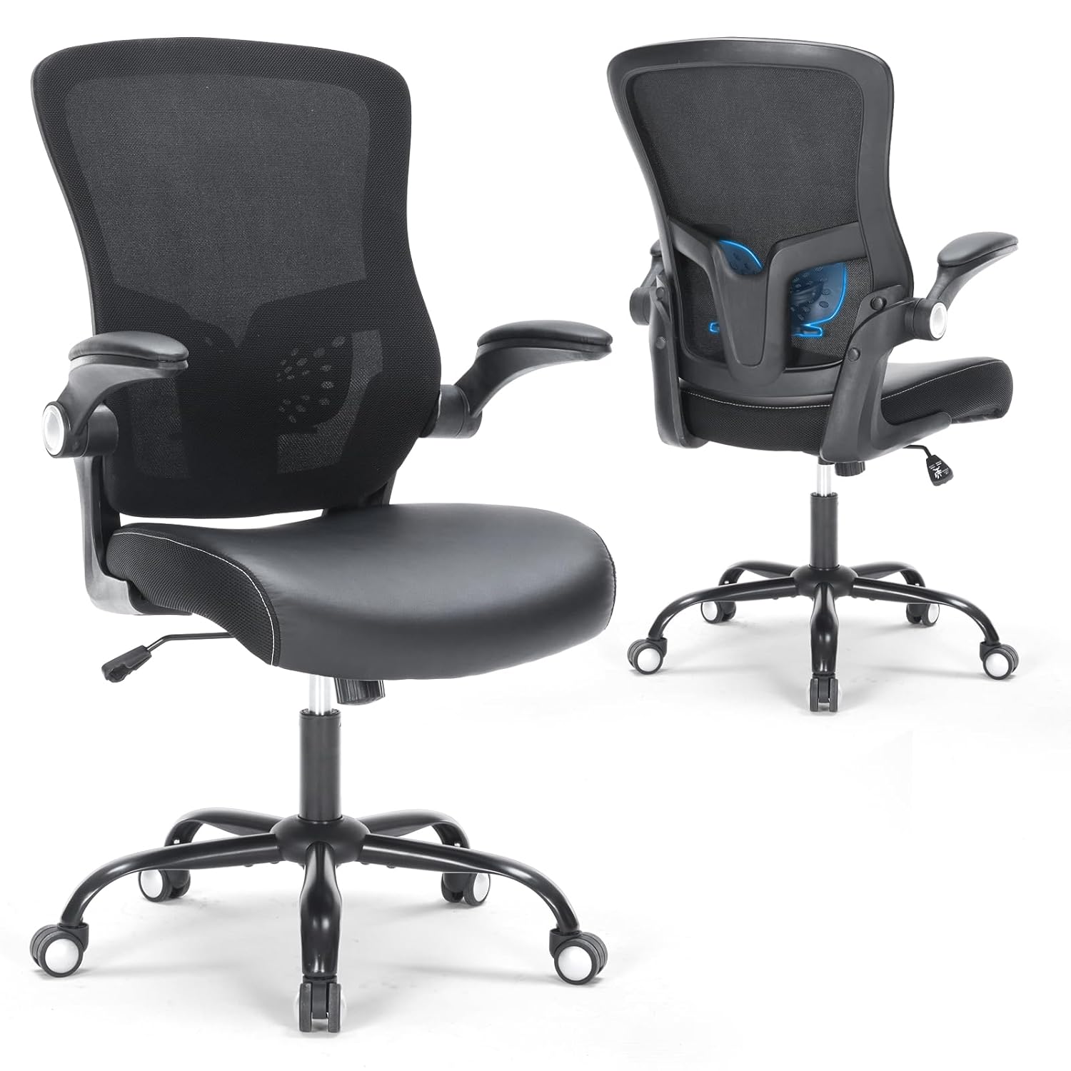 Office Chair Ergonomic Desk Chair Swivel Mid Back Mesh Computer Chair with Lumbar Support Comfy PU Leather Seat