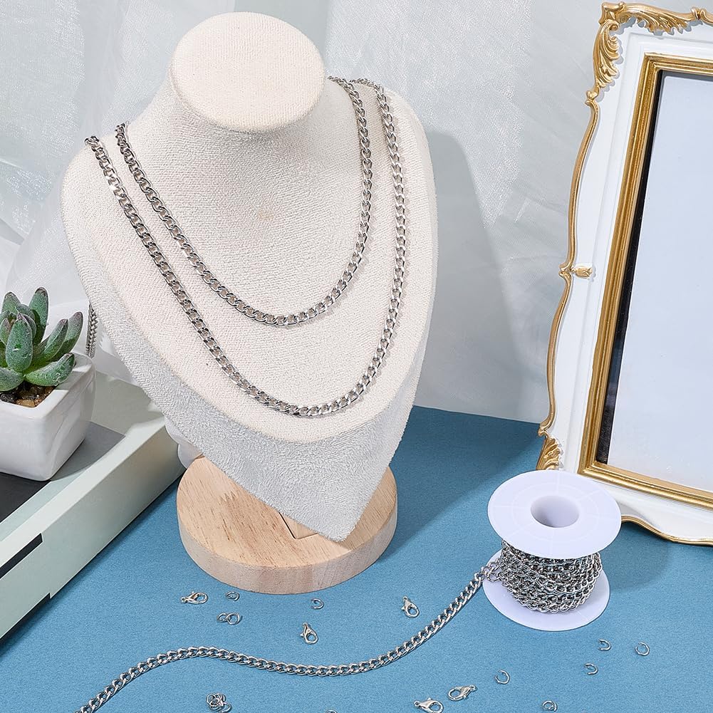 16.4ft Aluminum Curb Chains 5mm Wide Metal Craft Chain Link Spool with 10 Lobster Clasps and 30 Jump Rings Unwelded for Clothes Jewelry Making Necklace Bracelet DIY Findings (Silver)