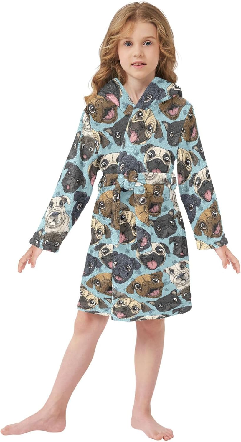 Funny Pug Dogs Bathrobe Hooded PJ Robe Soft Fleece Robe Pajama Sleepwear 2-12 Years