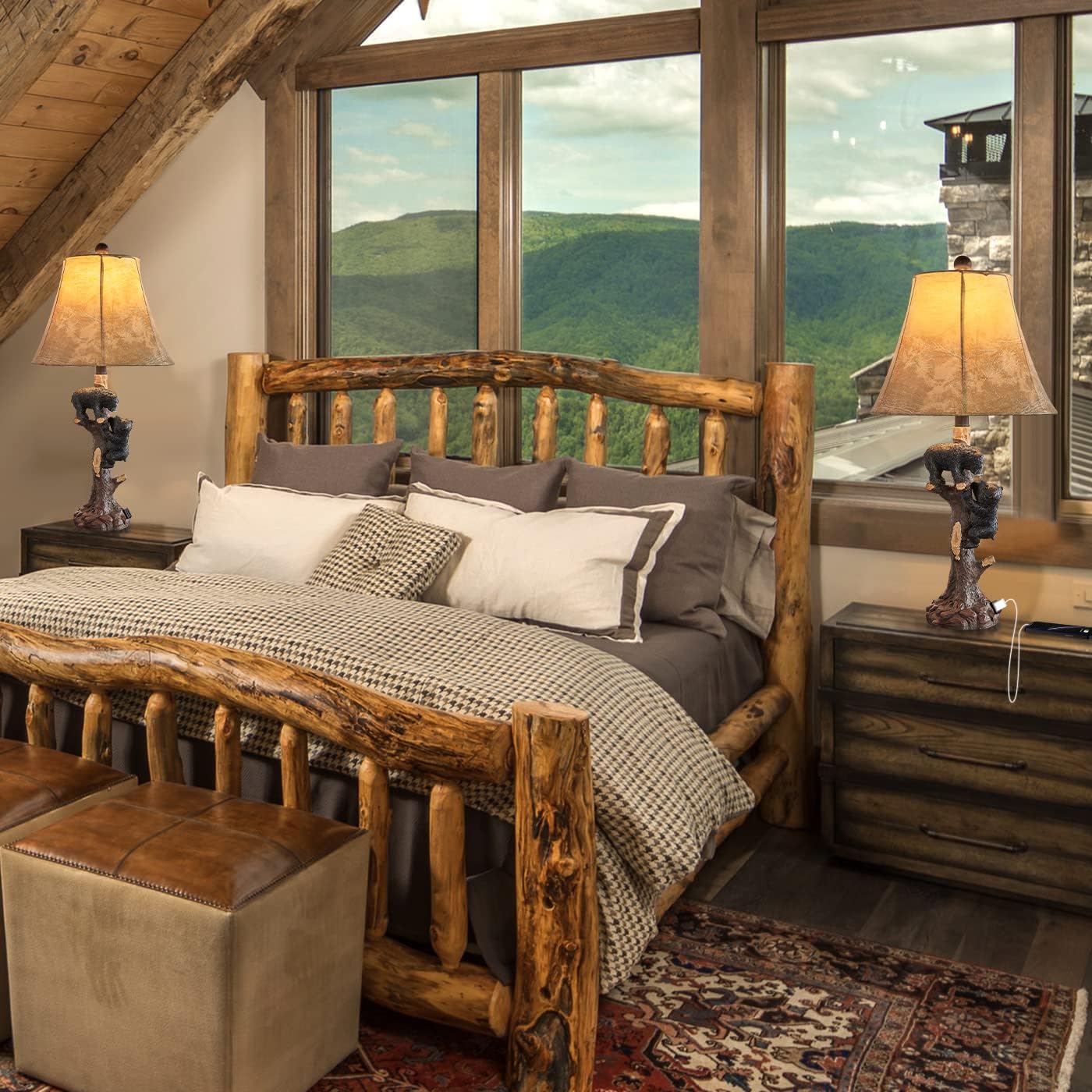 LOKHOM Climbing Bears Rustic Western Table Lamp Set of 2, 26" Rustic Bedside Lamp with USB & TypeC Charging Port, Natural Bears Table Lamp for Bedroom Living Room Foyer Office Valentine's Day Gift