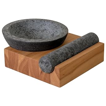 Holcomb Perch Mortar & Pestle Heavy Granite Stone Mortar & Pestle with Angled Ash Wood Base Handcrafted Modern Spice Crusher for Pesto, Herbs Luxury Guacamole Bowl & Masher Home Kitchen Essentials