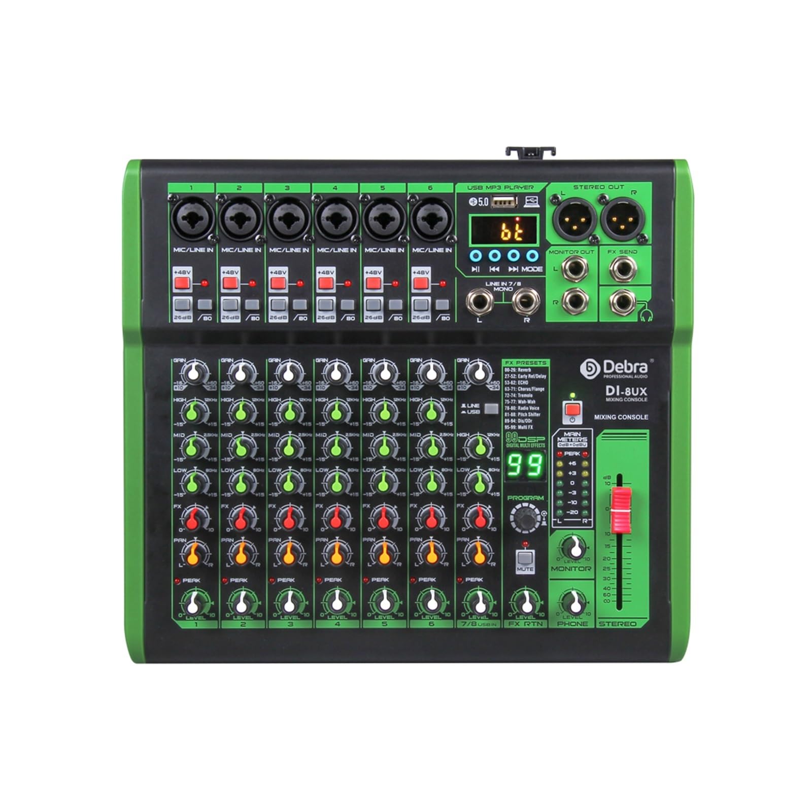 Mezclador de audio, Consola mezcladora DJ con efecto digital 99DSP, alimentación fantasma de 48 V, USB, MP3 for grabación en PC(DI-8UX 8 Channels)