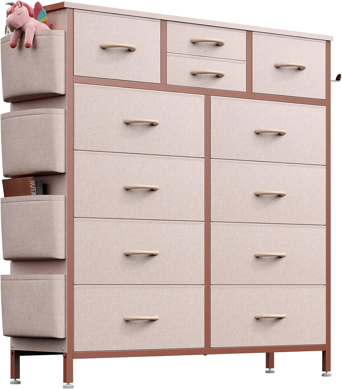 Buluri Kommode mit 12 Stoffschubladen, Komodenschrank mit Seitentaschen und Haken, Holzplatte und Metallrahmen, Stoffkommode für Schlafzimmer, Wohnzimmer, Flur, Kinderzimmer (Rosa)
