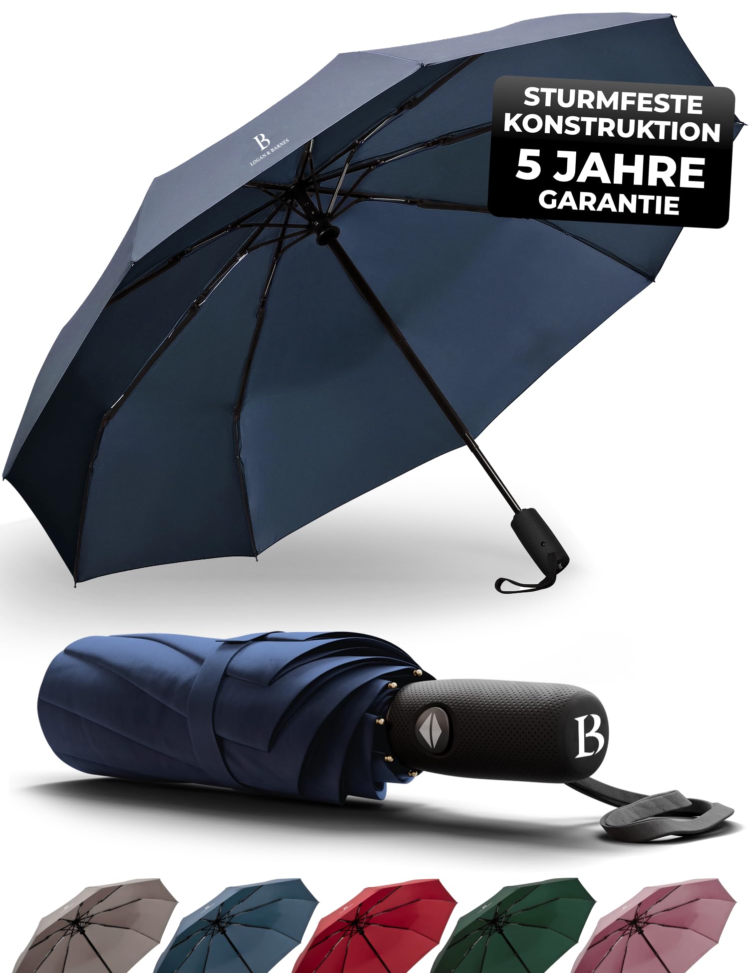 LOGAN & BARNES Regenschirm sturmfest bis 140 km/h - Taschenschirm mit zertifizierter Teflon-Beschichtung gegen Feuchtigkeitsschäden Modell Boston