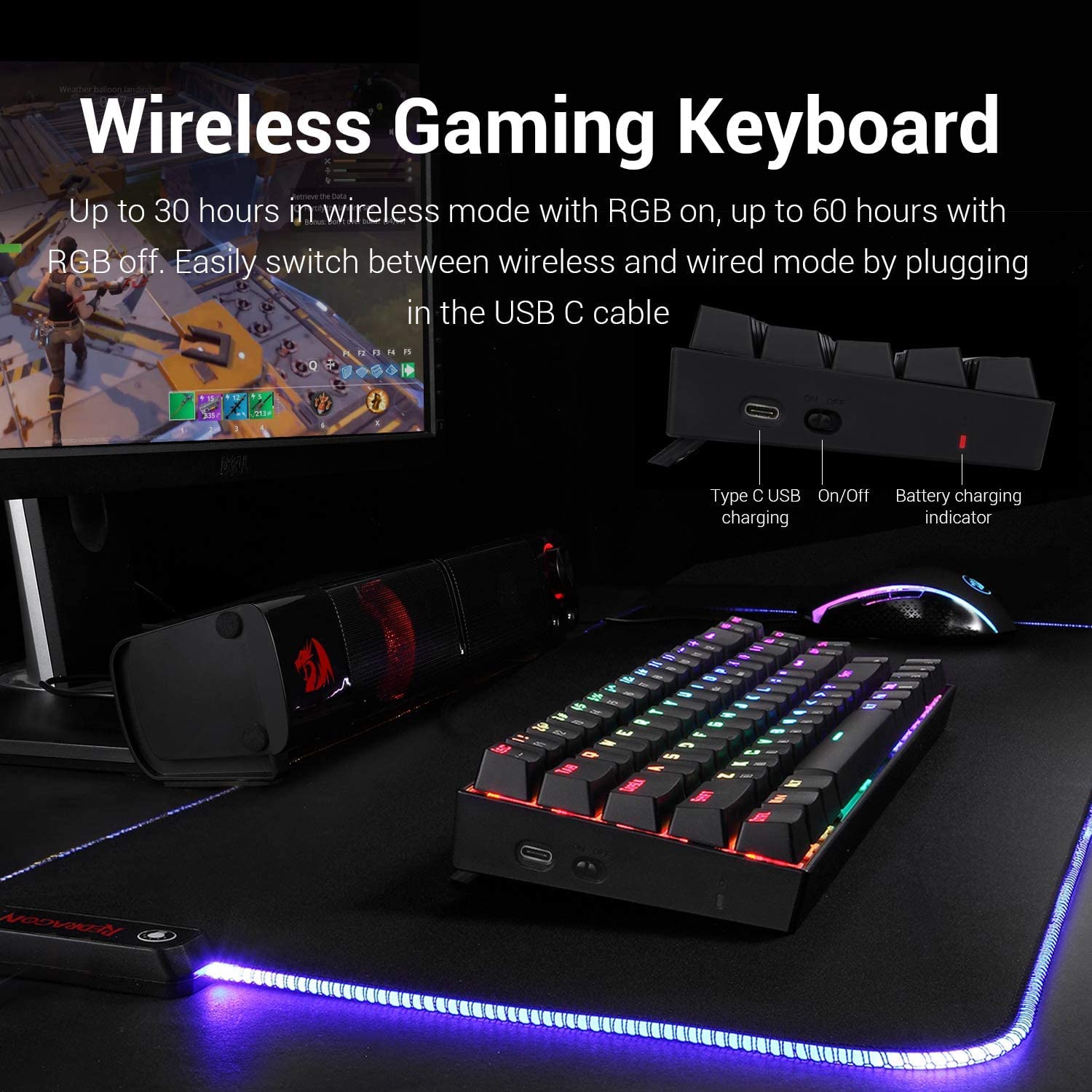 Redragon K599 Diemos TKL RGB Backlit Wired/2.4Ghz Wireless Anti - Ghosting Mechanical Gaming Keyboard with Red Switch (Black) (K599) — Amazon image 2