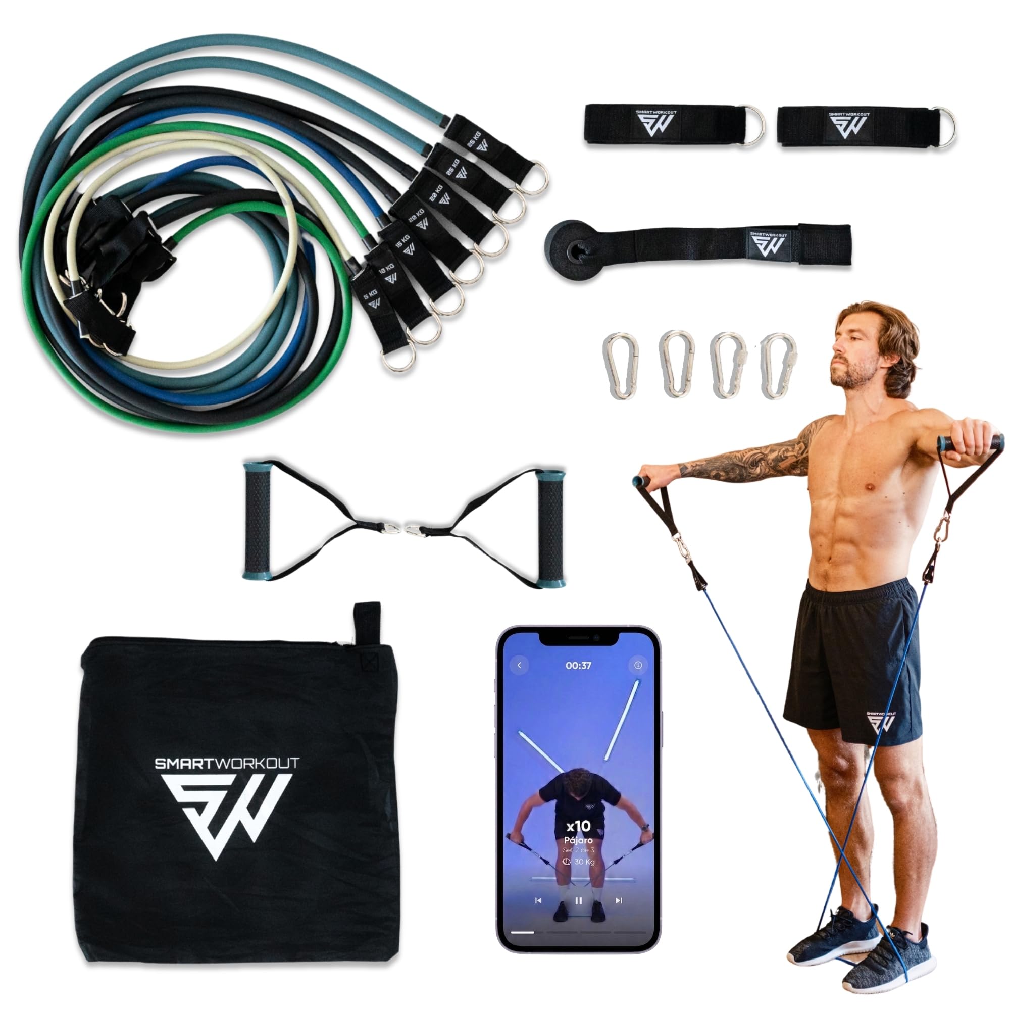 SMARTWORKOUT Pro - Kit de Bandas de Resistencia para Musculación (120 kg) - 7 Gomas de Látex, Accesorios y App de Entrenamiento - Opción con o sin Barra