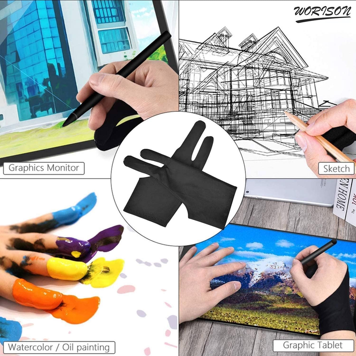Worison Artist Two-Finger Glove for Pencil Sketching, Watercolours Painting and Graphics Drawing Tablet 1pc (Free Size), Black 3