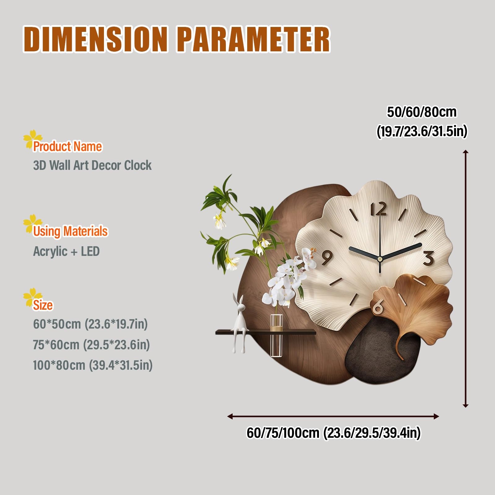 Orologio Da Parete Decorativo 3D Con Luce LED, Moderno Decorazioni Da Parete Con Vaso In Vetro, Orologio Murale Silenzioso Al Quarzo A Forma Di Foglia Di Ginkgo Per Casa, Soggiorno Camera Ufficio