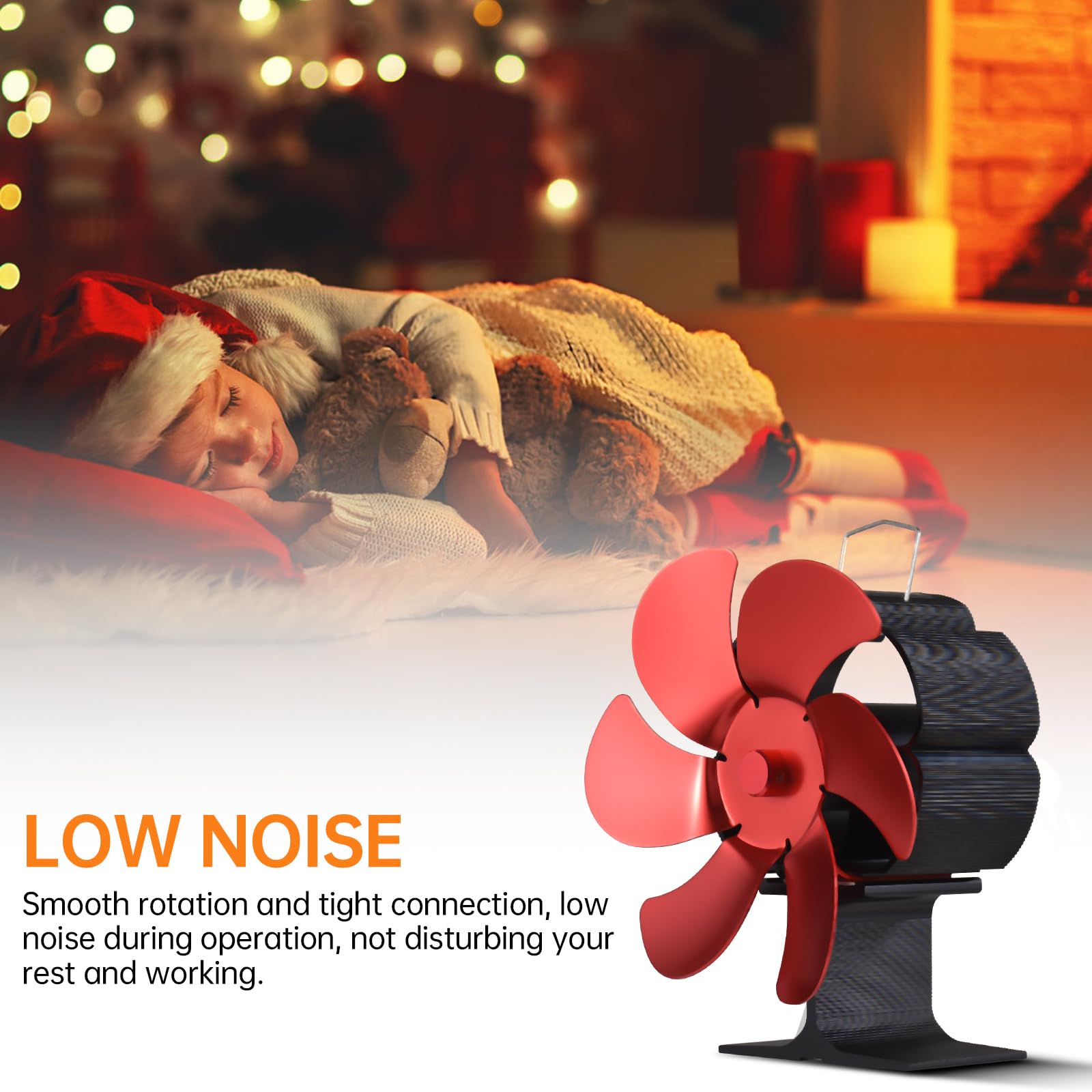 Ventilatore per Stufa a Legna 6 Pale Alimentato a Calore con Maniglia per Il Trasporto, Protezione da Surriscaldamento, Ventilatore Termico Portatile Non Elettrico per Stufa a (Rossa)