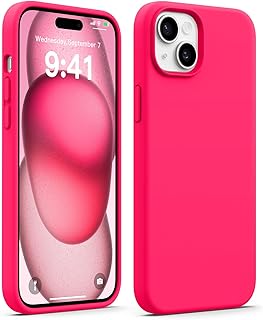جراب حماية من السيليكون فائق النحافة ومضاد للصدمات مع بطانة ناعمة مضادة للخدش من المايكروفايبر لموبايل آيفون 15 بلس 6.7 بوصة من اوتسير، لون وردي ساطع