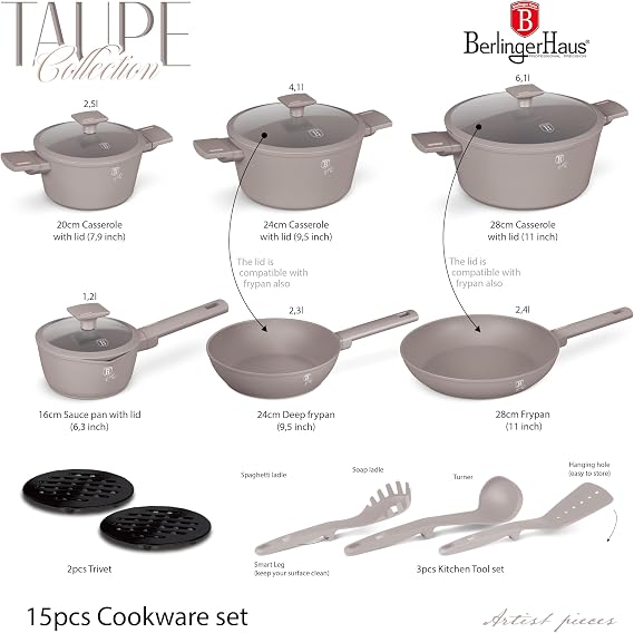 Berlinger Haus Titanium Coating Cookware Set 15 Pieces Taupe Collection | Robust, Versatile and Stylish