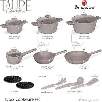 Berlinger Haus Titanium Coating Cookware Set 15 Pieces Taupe Collection | Robust, Versatile and Stylish