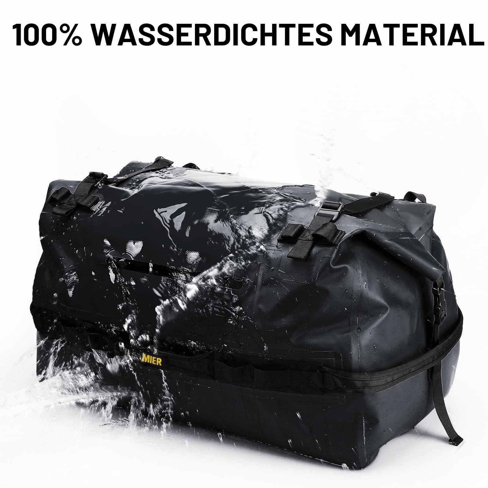 MIER wasserdichte Reisetasche 60L, Dry Bag Rolltop, Duffle Bag, Schwarz | Frontfach für schnellen Zugriff, reflektierende Streifen, Befestigungsriemen für Motorrad, Kajak und Gepäckträger