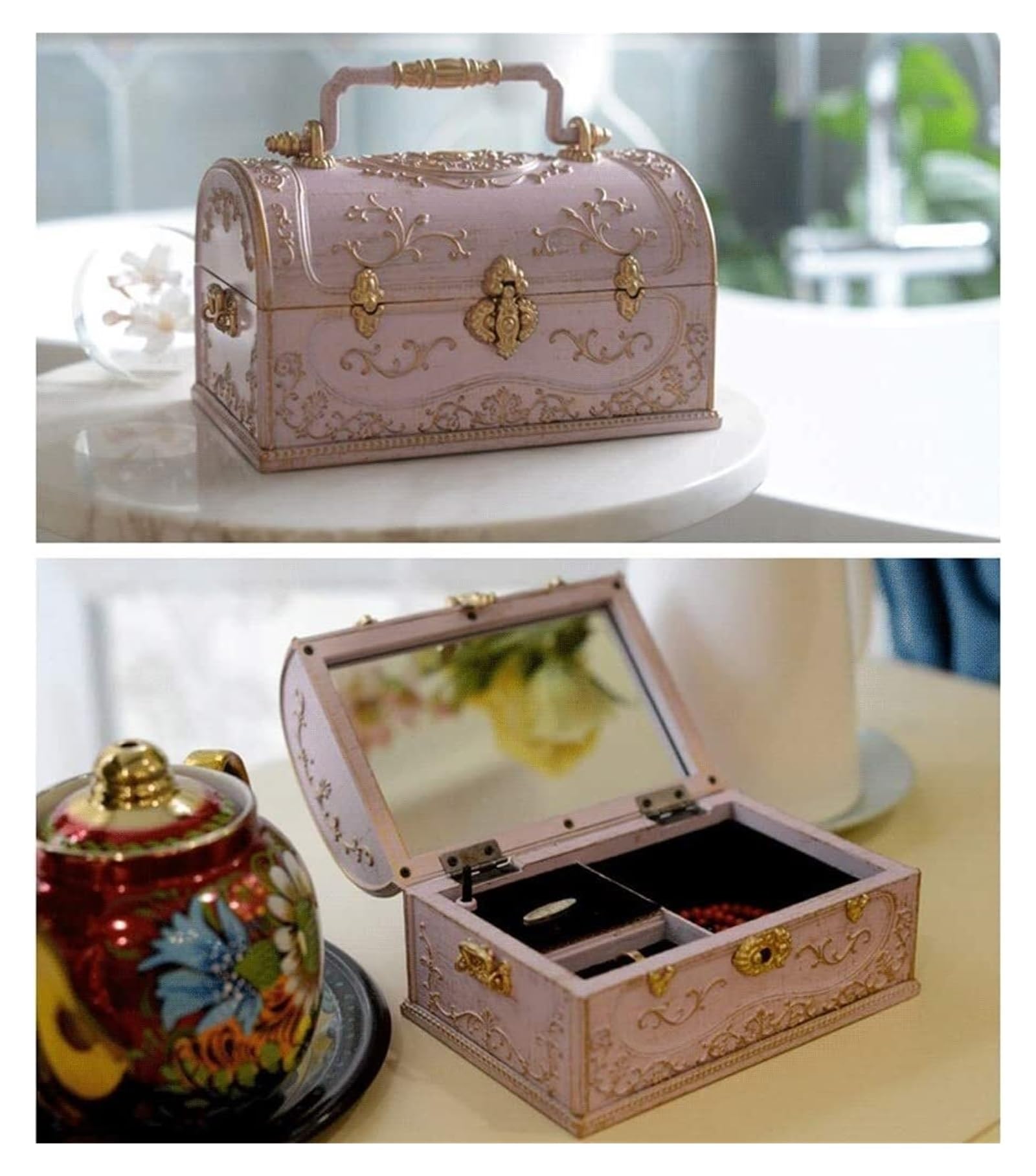 Scatole Per Gioielli Con manico portatile Orecchini ad anello ornato Custodia for tesori Scatole di gioielli musicali in plastica for organizer for gioielli da donna e ragazza Cofanetti E Scatole