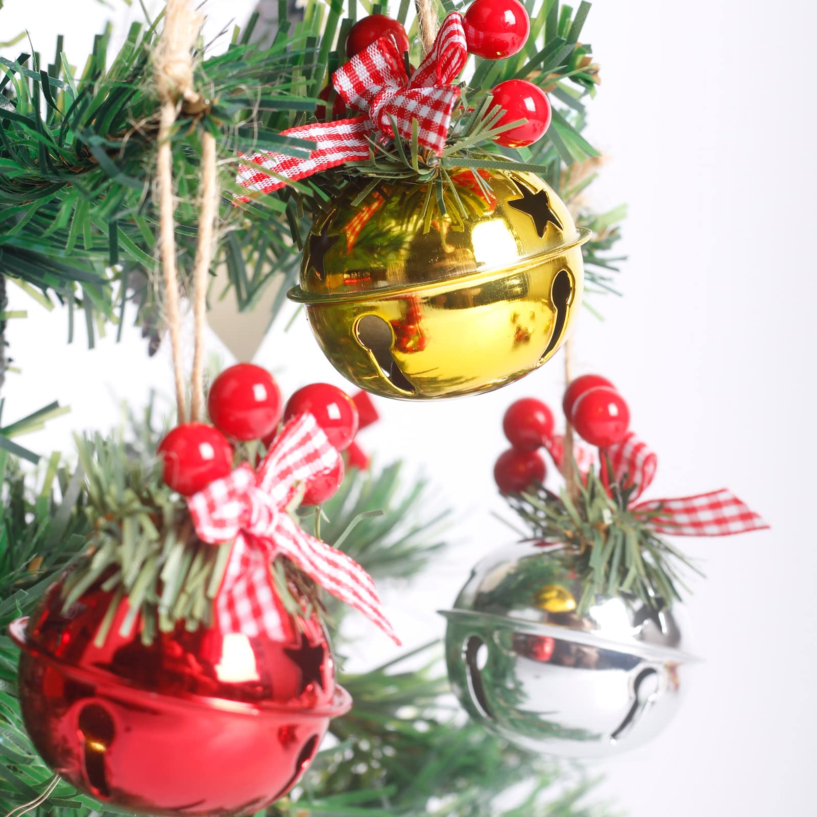 Christmas Decorations Bells,Gold, Silver and Red Pine Needle Berry Bows, 18 Pcs, 5 CM Diameter to Hang on Christmas Tree(Mix)