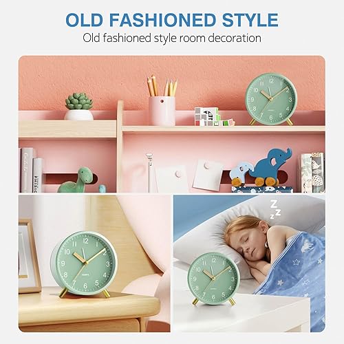 Miniatura 4 de Reloj despertador analógico, súper silencioso sin tictac con luz nocturna, funciona con pilas, reloj de dormitorio, reloj despertador de metal