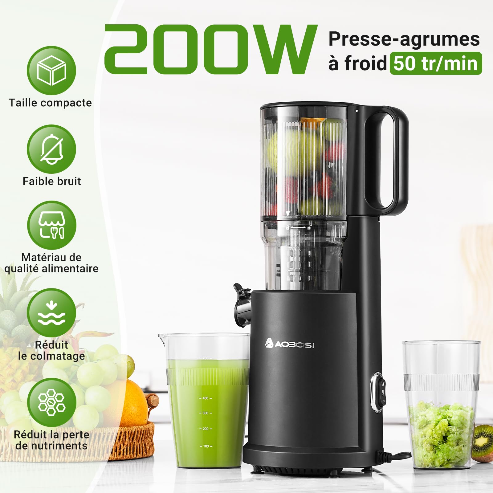 AOBOSI Extracteur de Jus à Froid 200W, Grande Ouverture 135 mm, Centrifugeuse Silencieuse avec Vis Sans Fin 8 Étages, Triple Filtration
