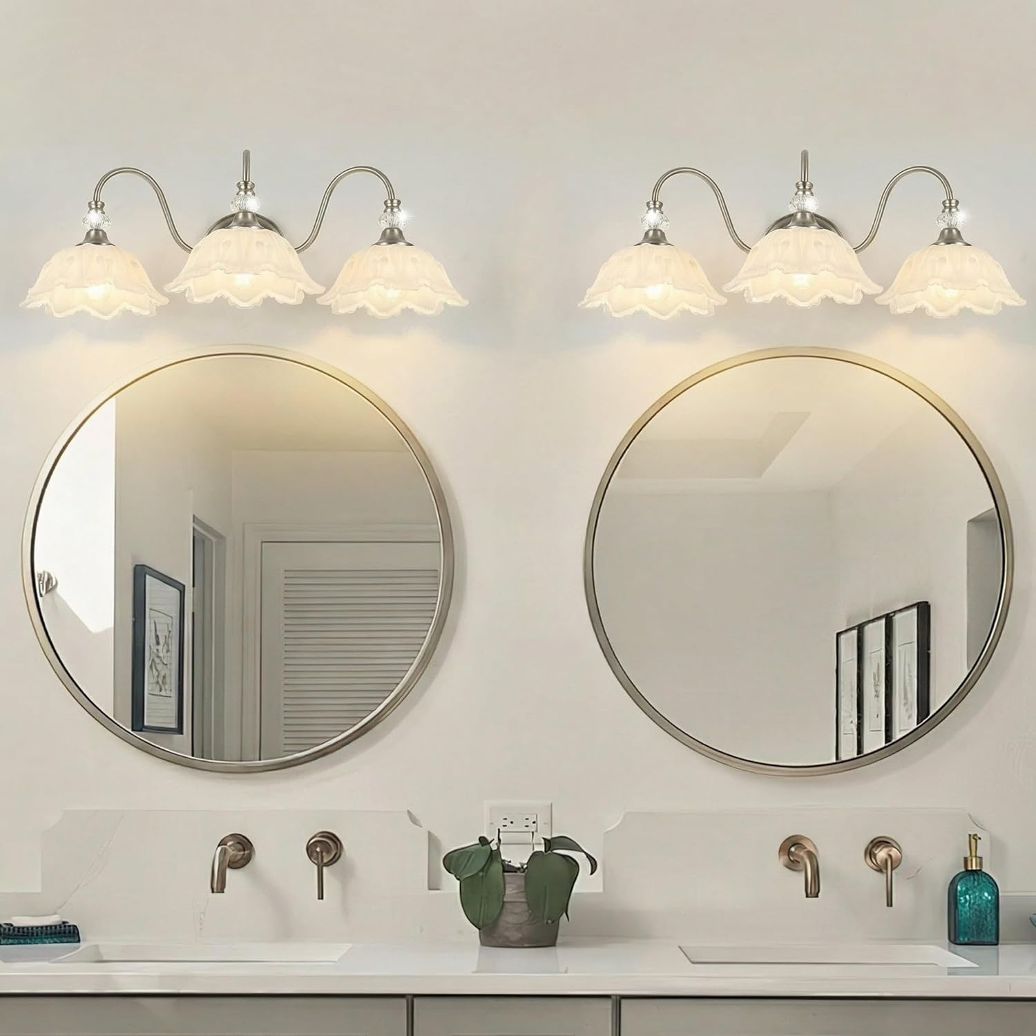 Brushed Nickel 3-Light Bathroom Vanity Light with Floral White Glass Shades, Brushed Nickel Wall Mount Lighting for Bathroom, Dressing Table