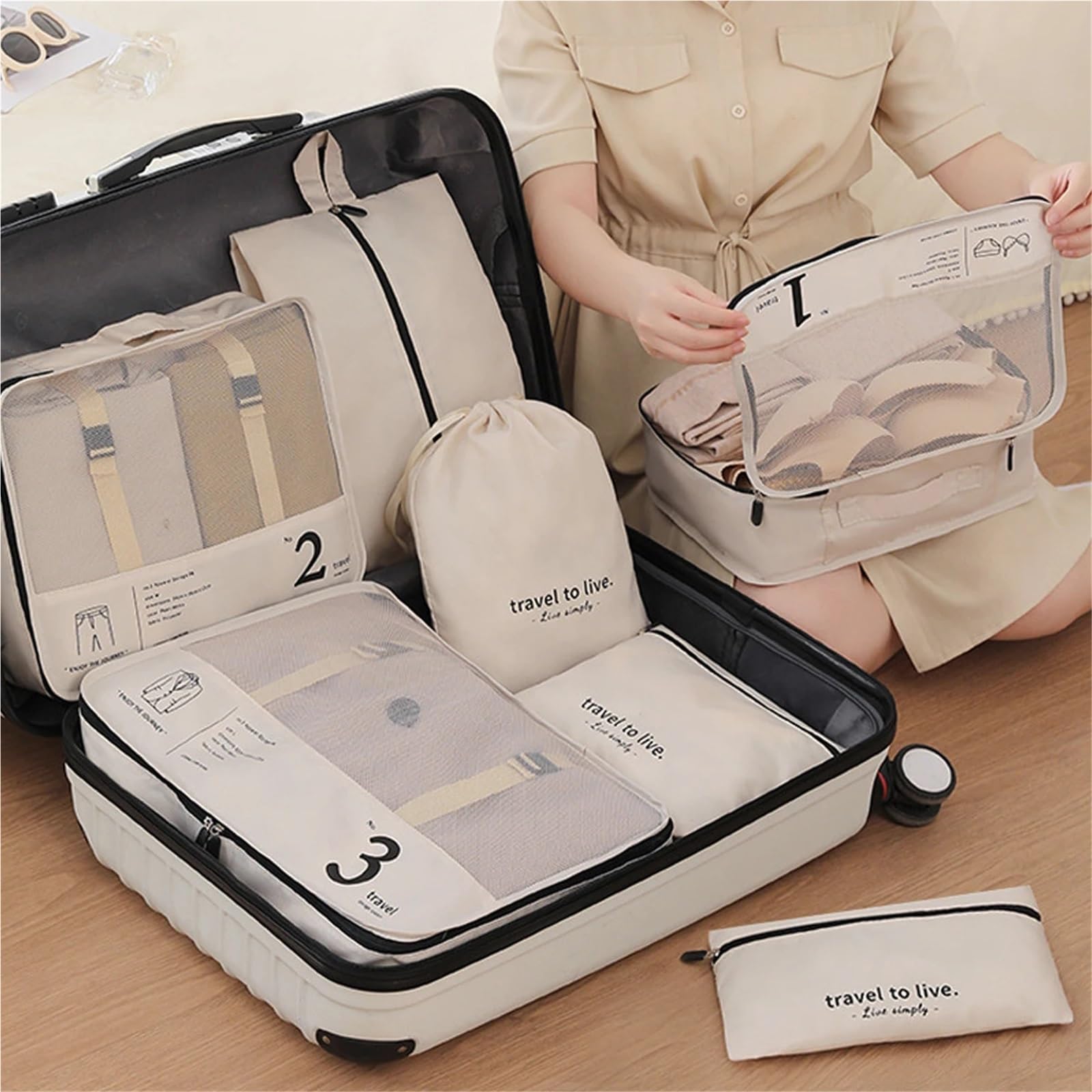 Set di 7 cubi da viaggio organizer, borse leggere e versatili per Vestiti, Scarpe, Cosmetici(WHITE)